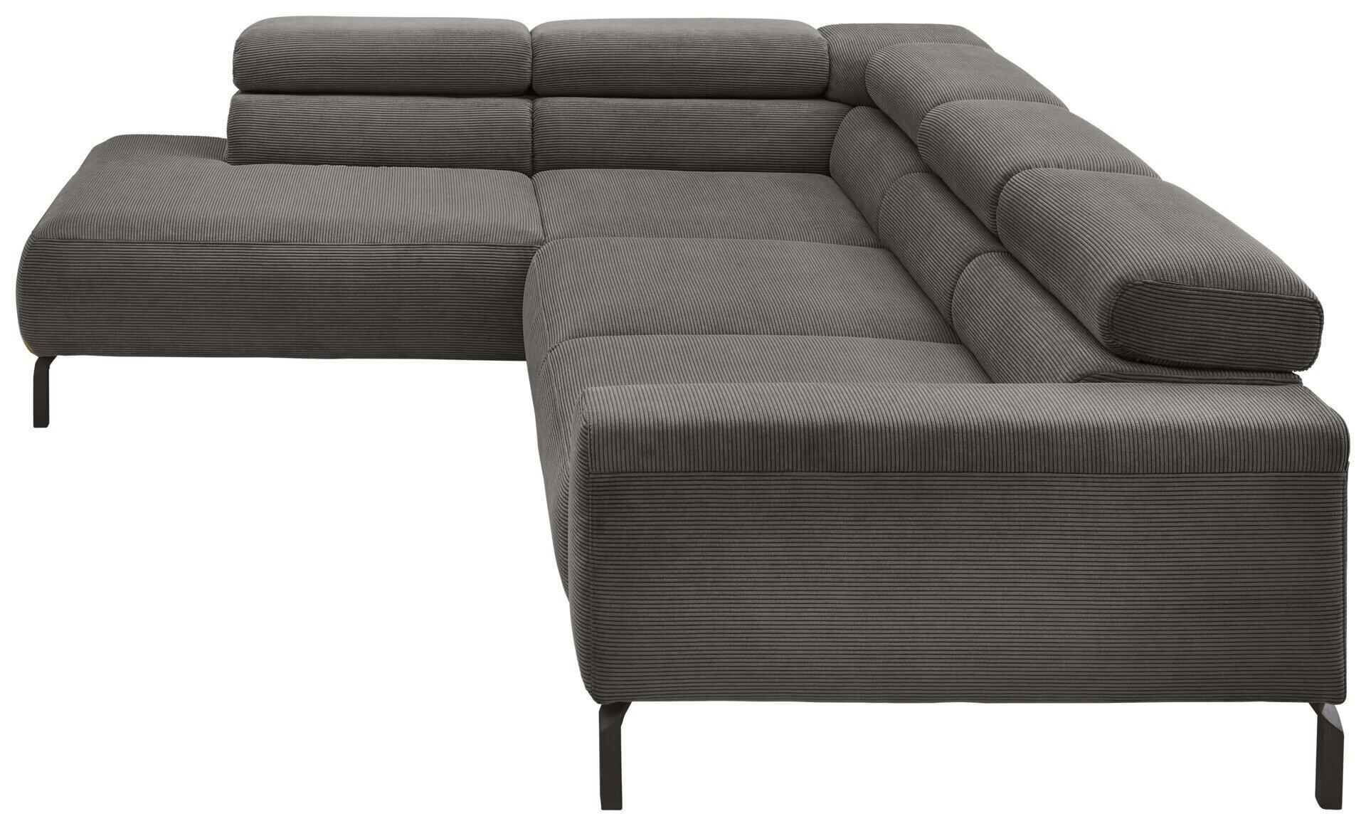 Eckcouch Pure 9129 in Grau mit schwarzen Metallfüßen und abklappbarer Rückenlehne für Relax-Funktion, aus Seitenperspektive dargestellt.