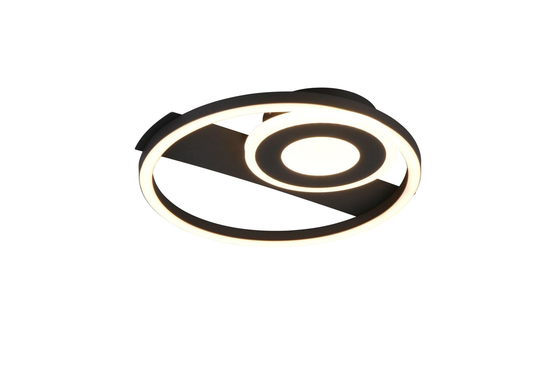 Deckenleuchte Horus mit konzentrischen, ineinander verschobenen, schwarzen und weiß beleuchteten Ringen in Frontalperspektive.