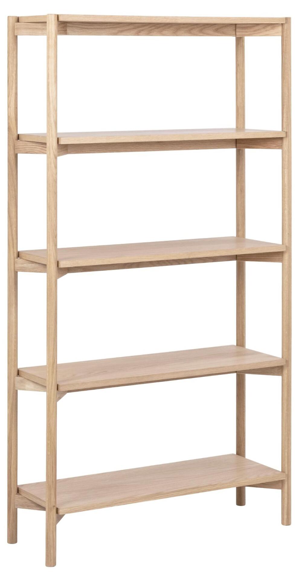 Bücherregal Braidwood mit vier Ablageflächen und filigraner Holzkonstruktion, dargestellt in einer schrägen Frontalperspektive.