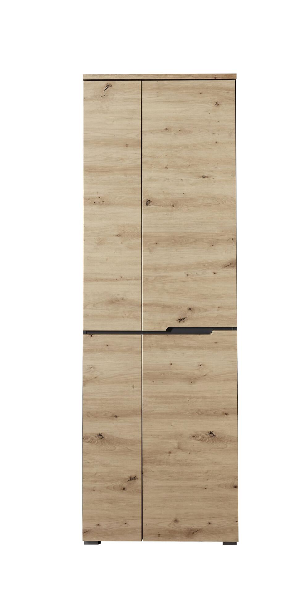 Garderobenschrank Detroit mit Artisan-Eiche-Front, zwei Türen mit horizontalen Applikationen und Kleiderstange im offenen K-Boden.