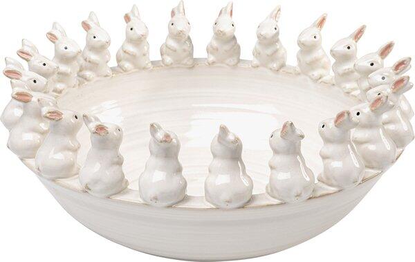 Keramikschale "Cute Bunnies" mit handgefertigtem, verziertem Rand und stilisierten Hasenfiguren.