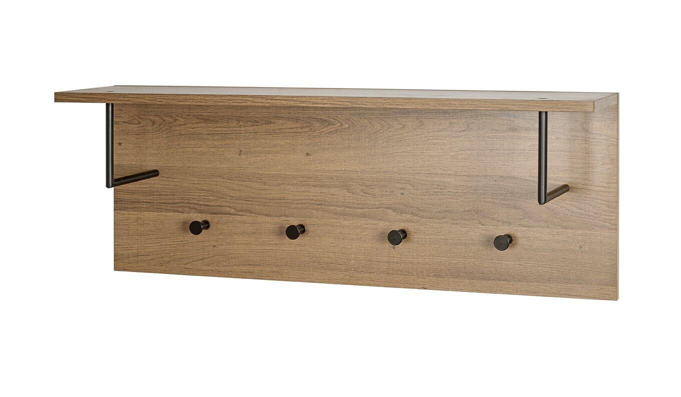Wandhaken der Wandgarderobe 37147 im 45-Grad-Winkel, zeigt die seitliche Ablagefläche mit schwarzen Metallstreben und vier Haken.