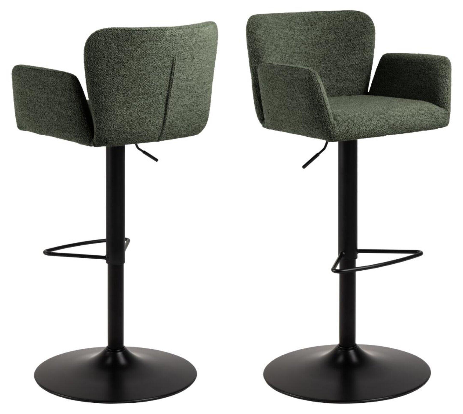 Barhocker MR Salinas mit schlichtem Design, leicht gewölbter Rückenlehne und Armlehnen, verchromtem Fuß, Teleskopfuß zur Höhenverstellung und Metallbügel zur Stabilisierung.