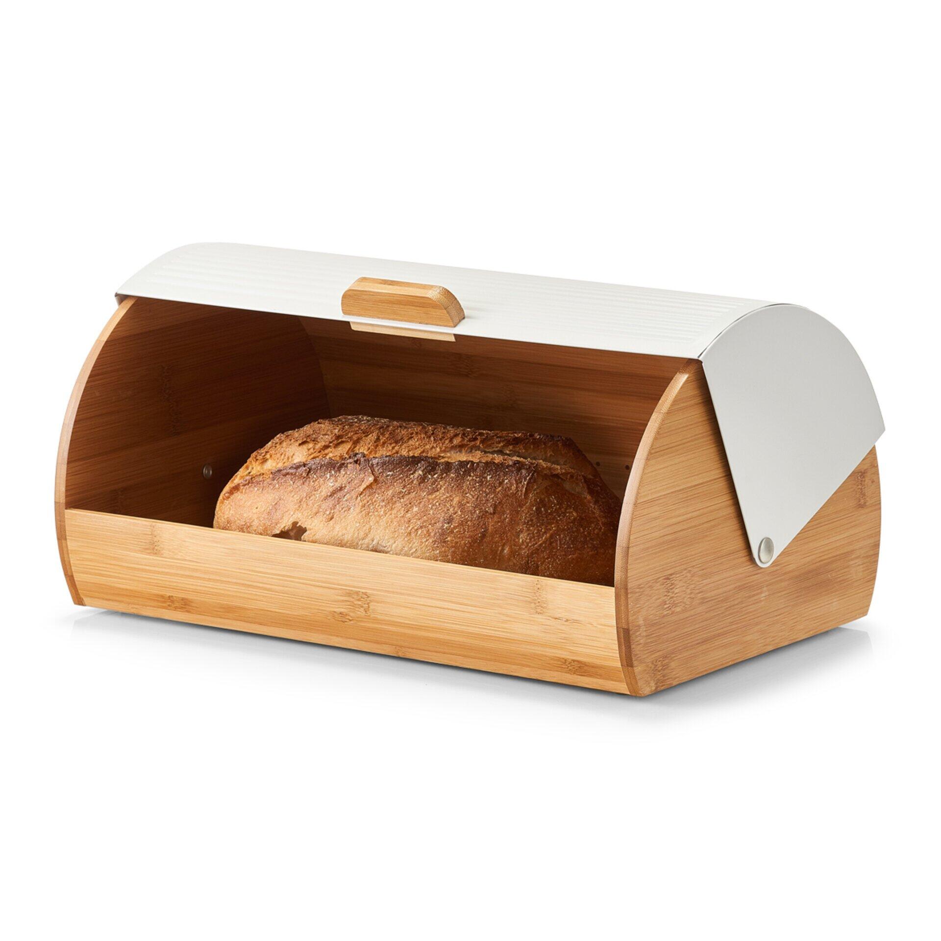 Bambus Brotkasten mit silberfarbenem Deckel und Griff, leicht geöffnet mit Brot im Inneren.