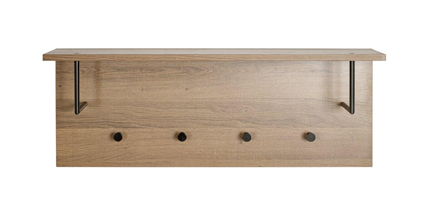 Wandgarderobe 37147 mit Hutablage, Kleiderstange und Haken, aus Eiche dunkel mit schwarzem Metall, dargestellt in Frontalperspektive.