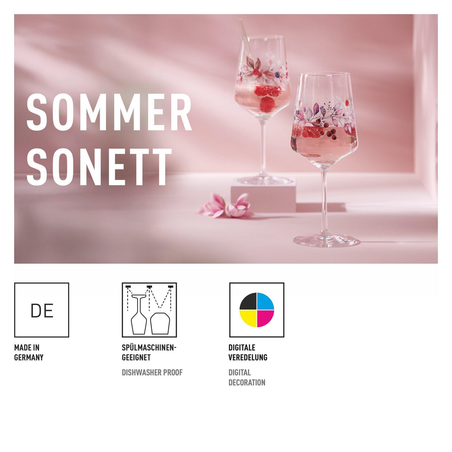 Aperitifglas mit detailliertem, farbigem Blütenmuster und Reflexion im Glas, präsentiert in einer attraktiven Geschenkbox.