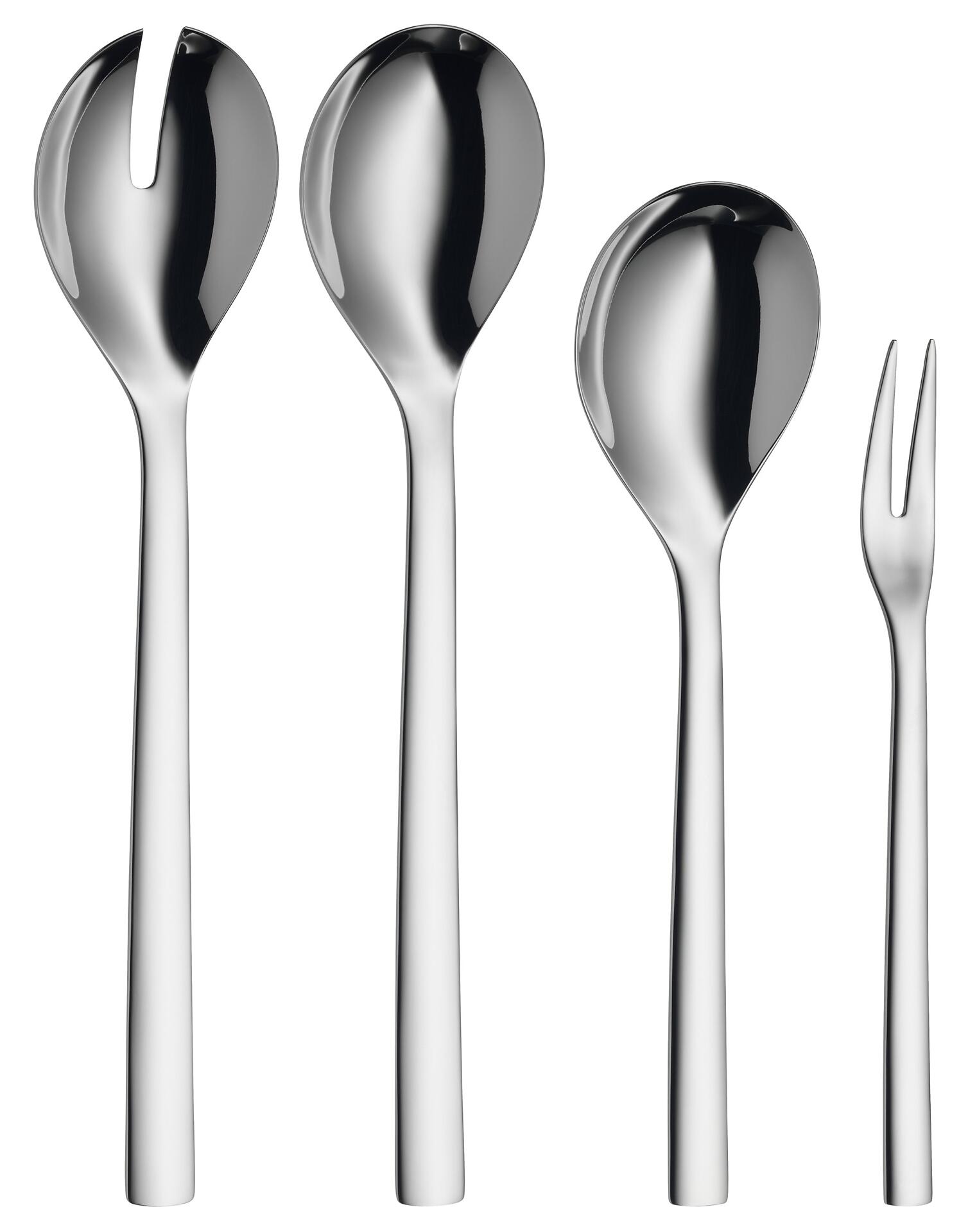 Servierteile-Set Nuova: Zwei Salatsaucenlöffel und eine Salatgabel aus poliertem Edelstahl mit länglichen Köpfen und spitzen Zinken, dargestellt in einer Frontalansicht.