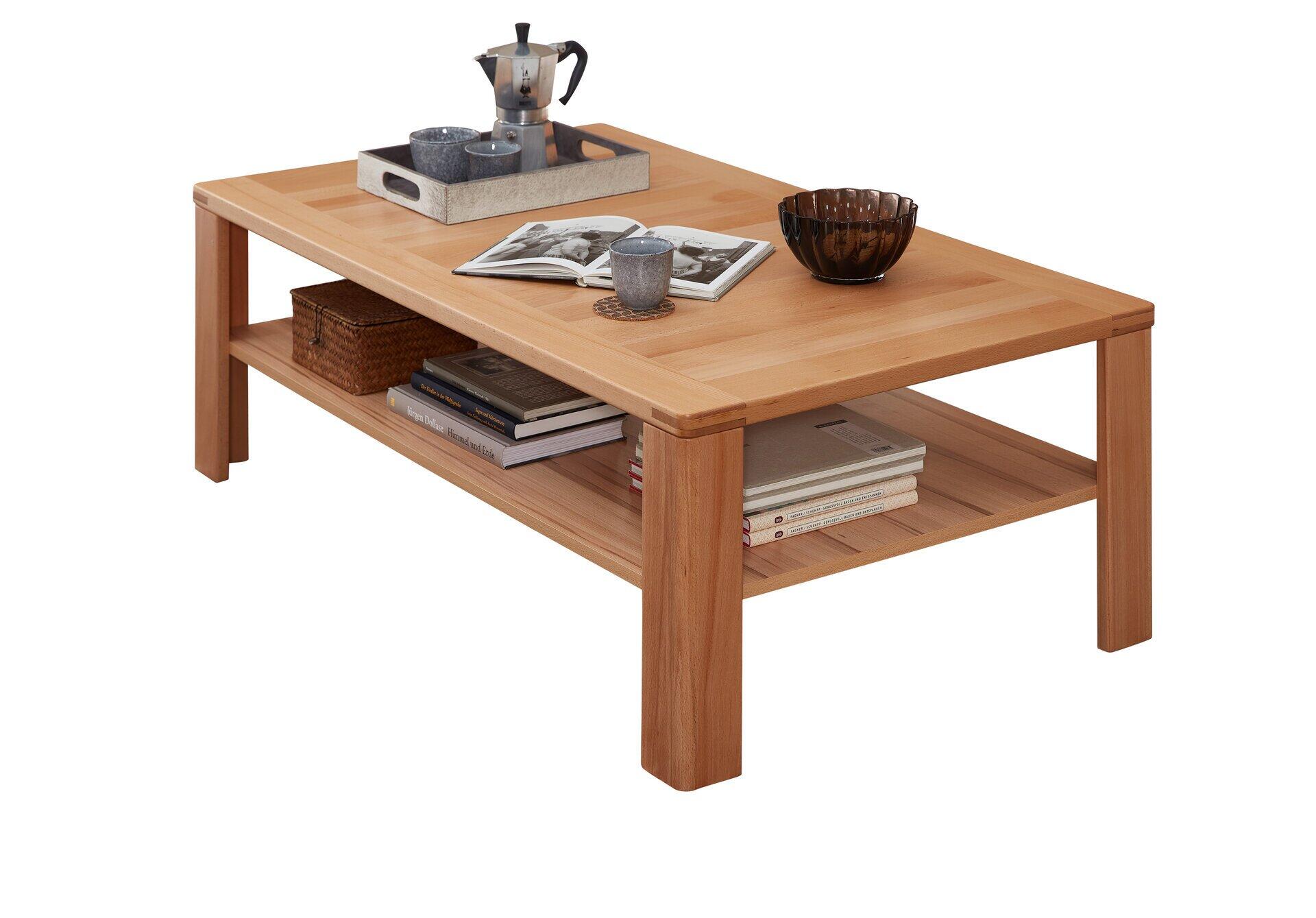 Couchtisch Nature mit rechteckiger Form, Kernbuche Furnier und massiver Unterkonstruktion, inklusive integrierter Ablagefläche für zusätzlichen Stauraum.