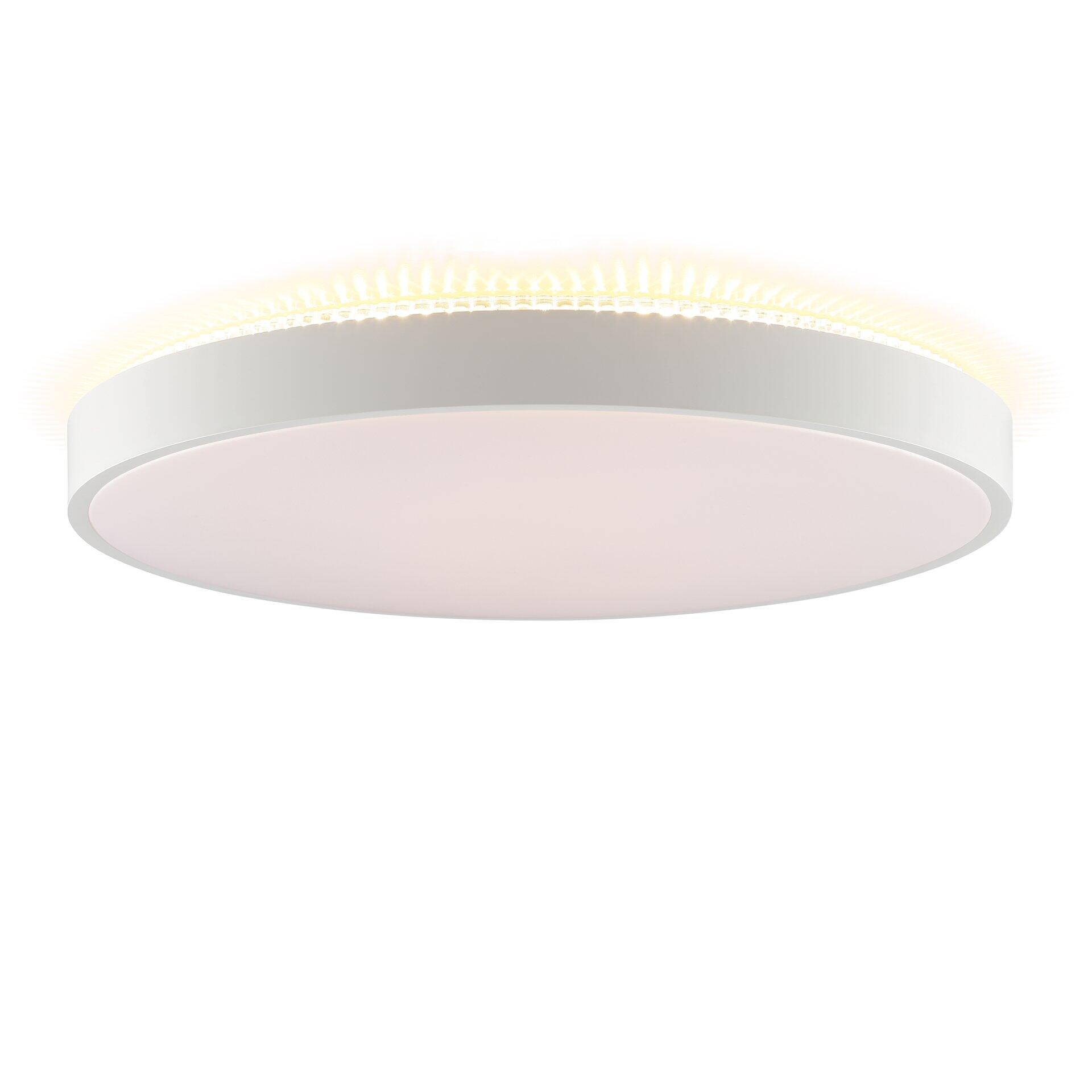Deckenleuchte Solistra mit weißem Korpus und silberfarbenem Rand, dargestellt in Frontalperspektive mit warmweißem Lichtkreis.