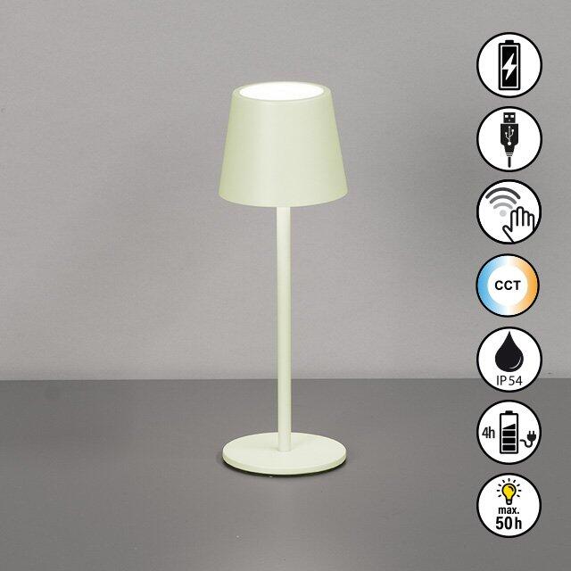 Tischleuchte Roxi mit batteriebetriebener, dimmbarem Licht, USB-Ladeanschluss, einstellbaren Farbtemperaturen und Spritzwasserschutz (IP54), dargestellt in einer frontalen Ansicht mit Funktionssymbolen.