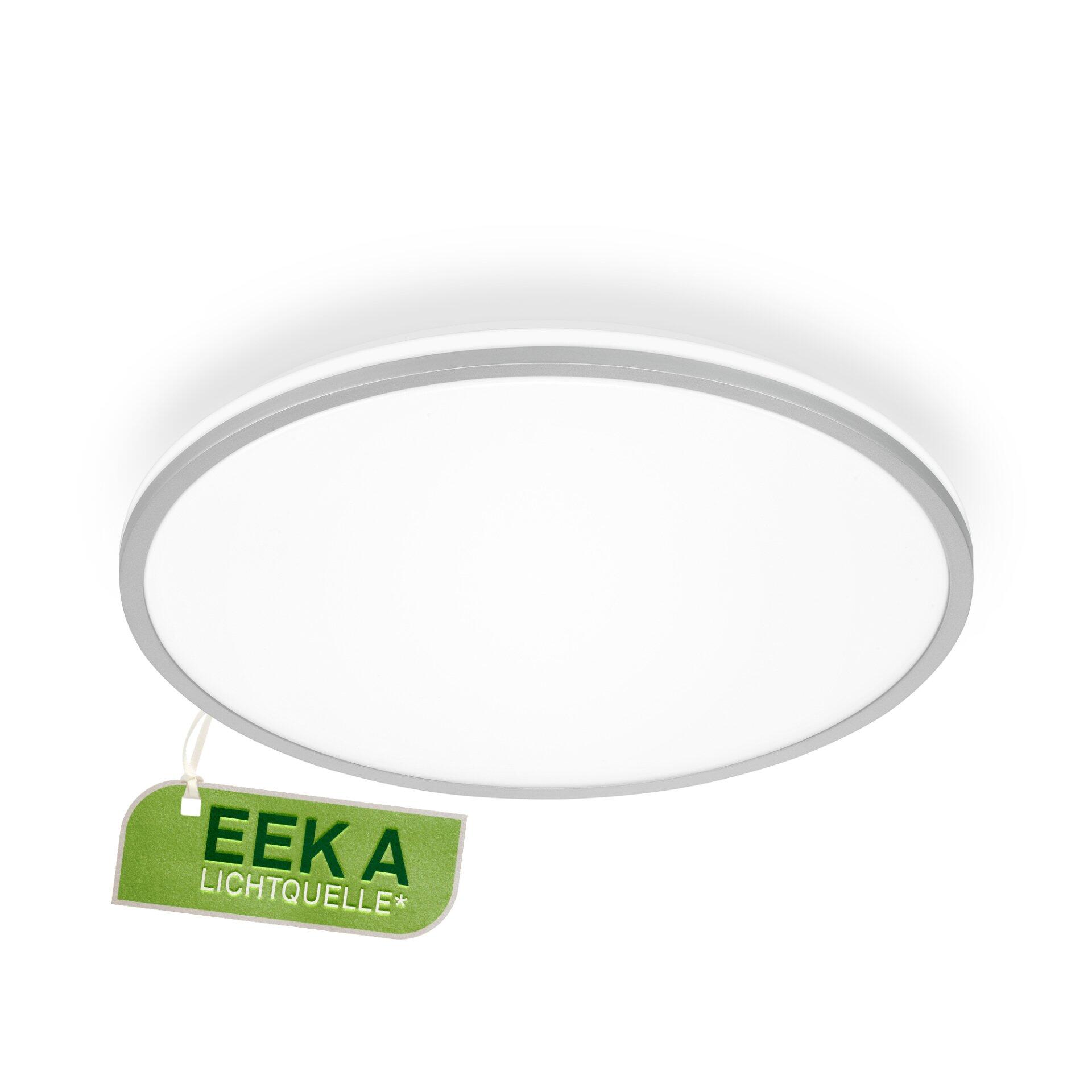 Deckenleuchte Lana a mit weißem, mattem Schirm und silbernem Rahmen, frontal und in Vogelperspektive dargestellt, inklusive Energieeffizienzlabel "EEK A".
