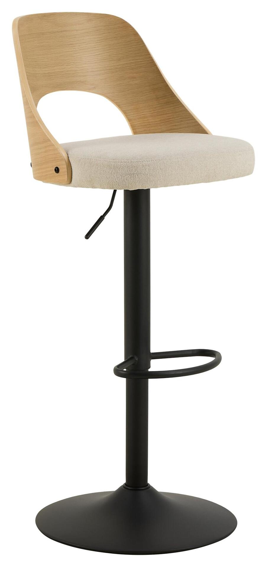 Barhocker Lucy mit leicht geneigter Sitzfläche, gebogener Rückenlehne und Fußstütze, in frontaler Perspektive.