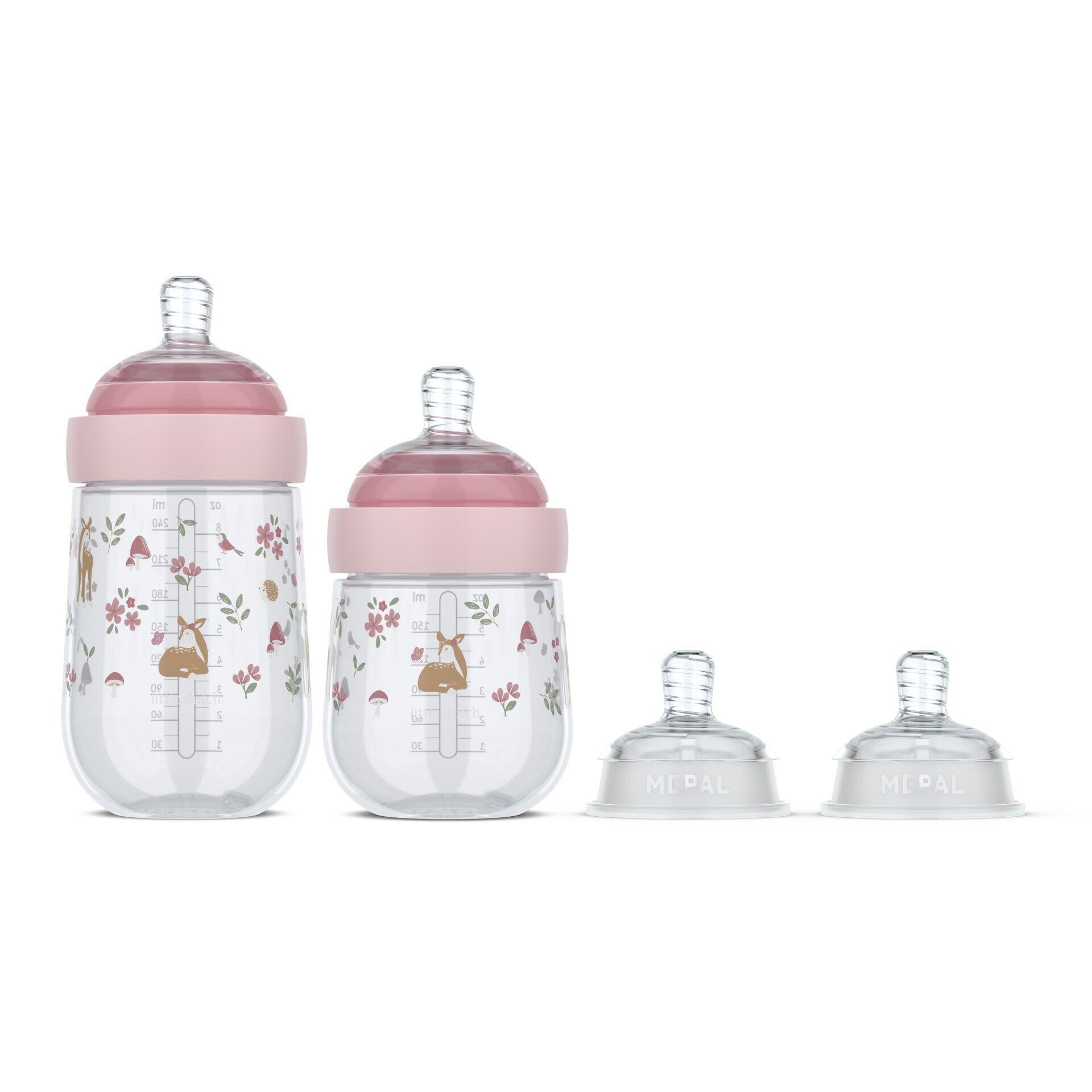Mio Baby, Mio Babyflaschen in verschiedenen Größen und Farben, mit Milliliterskalen und dem MEPAL-Logo.