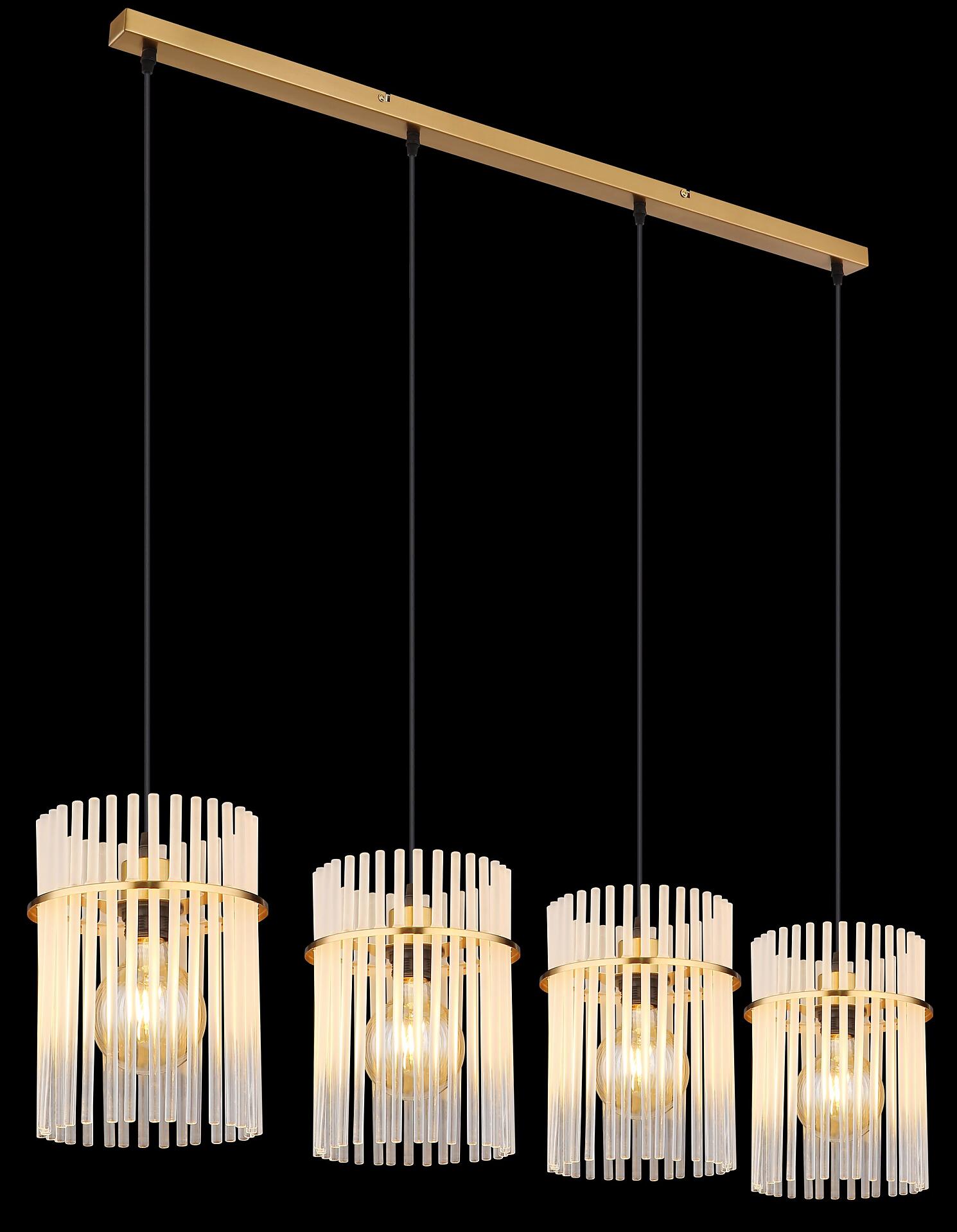 Pendelleuchte GORLEY mit vier zylindrischen Lampenschirmen aus transparenten Glasstäben, die an einer goldenen Metallstange befestigt sind und einen warmen, goldenen Schein erzeugen.