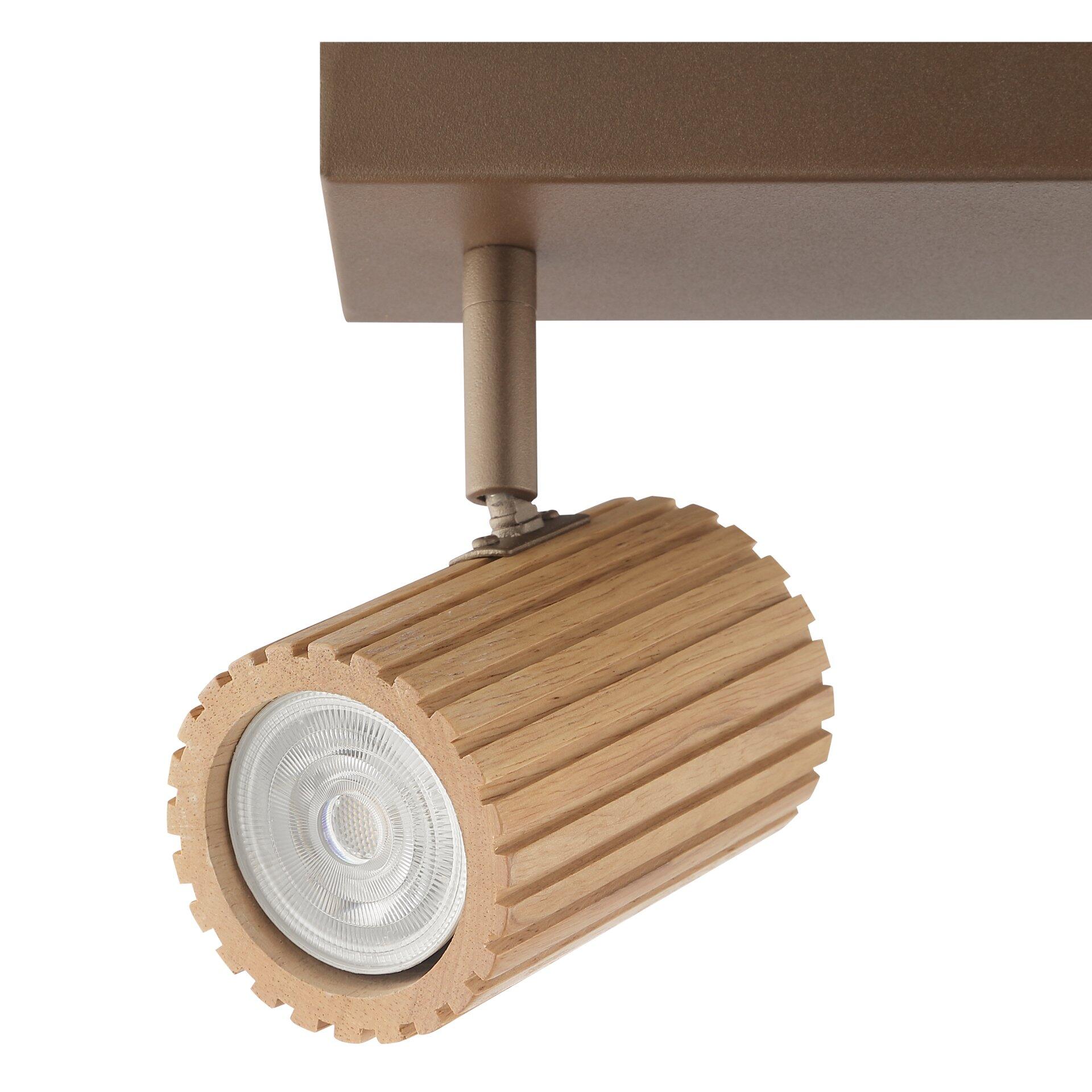 Schwenkbarer Deckenleuchten-Strahler der Lakewood-Serie mit zylindrischem Holzlamellen-Korpus und schwenkbarem Arm, befestigt an einer schlichten Schiene.