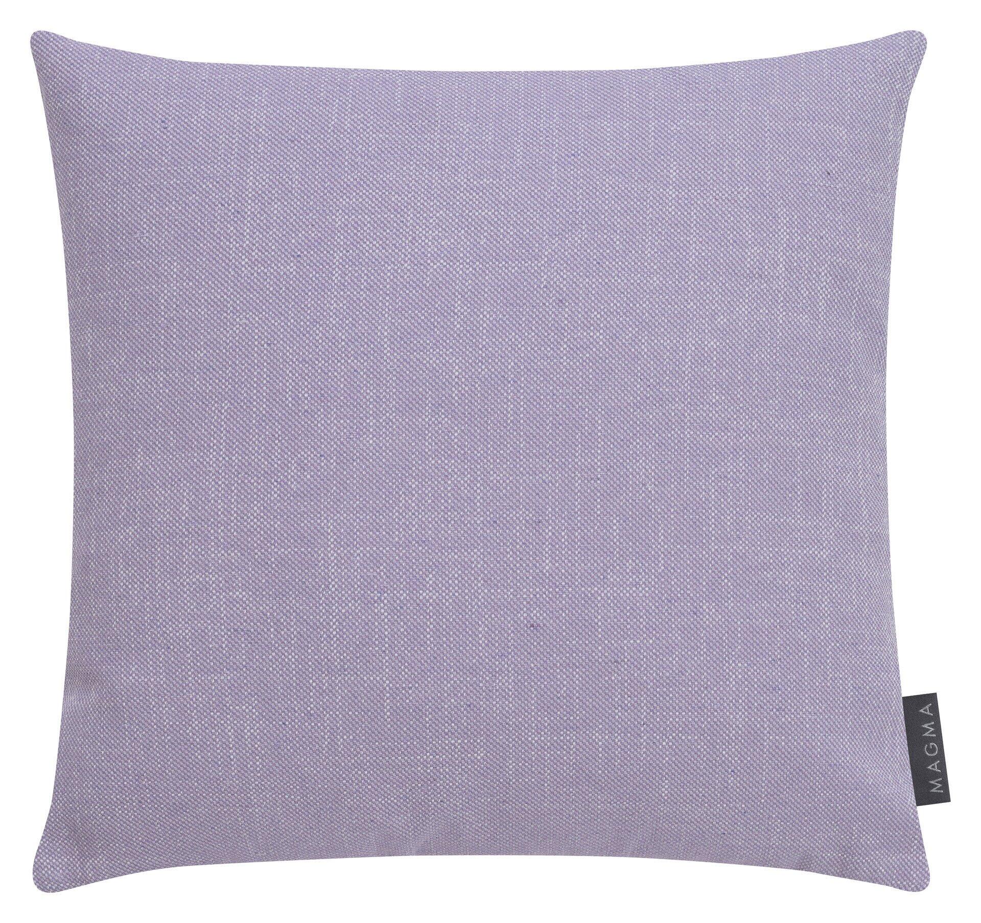 Quadratisches Kissen Riva in helllila mit Jacquard-Struktur und unsichtbarem Reißverschluss, frontal abgebildet.