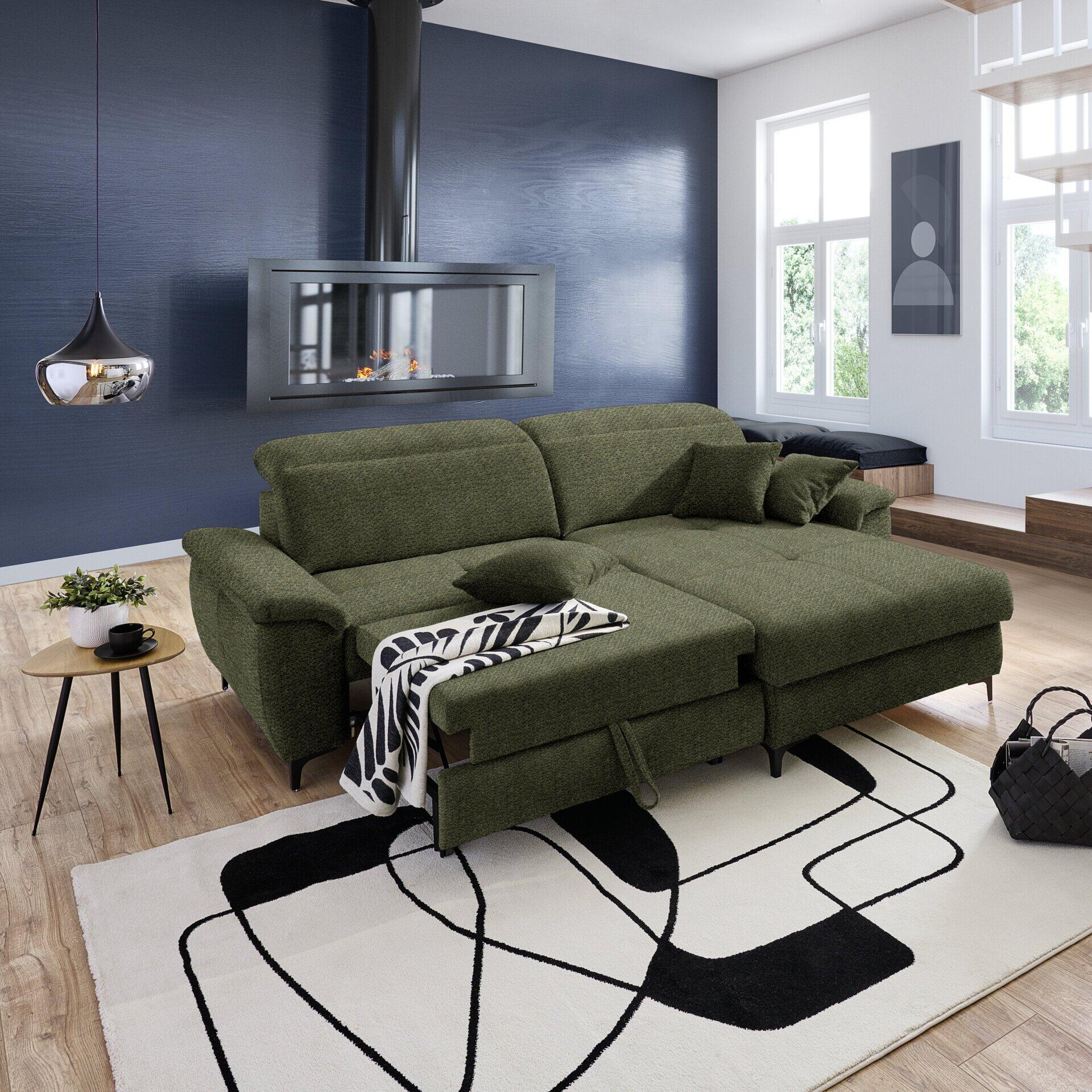 Ecksofa Retro, abgebildet aus der Seitenansicht mit ausgeklappter Schlaffunktion und Decke, präsentiert sich in einem modernen Wohnzimmerambiente.