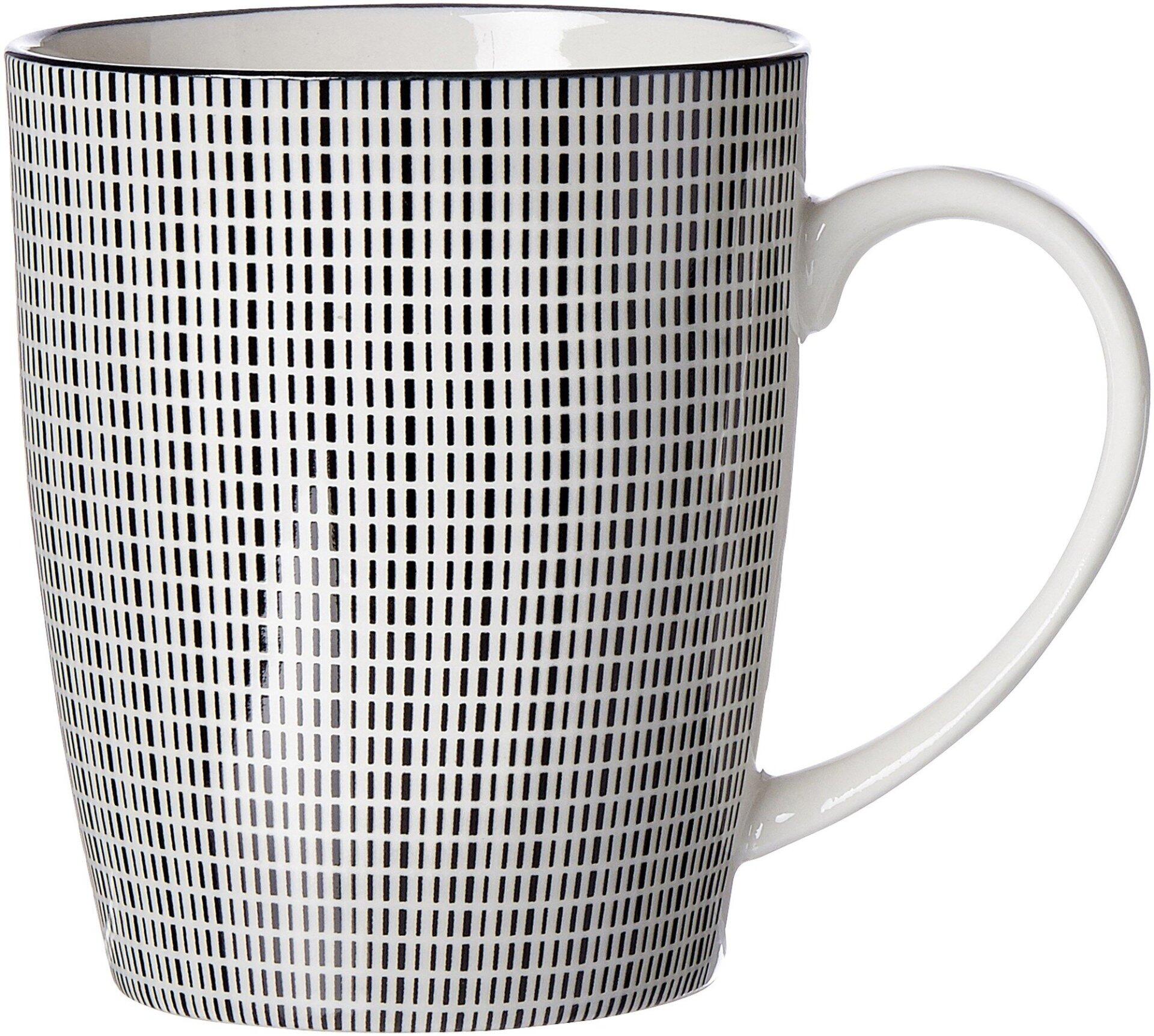 Kaffeebecher Takeo Stripes mit konischer Form und vertikalen schwarzen Linien auf weißem Hintergrund, aus der Seitenperspektive dargestellt.