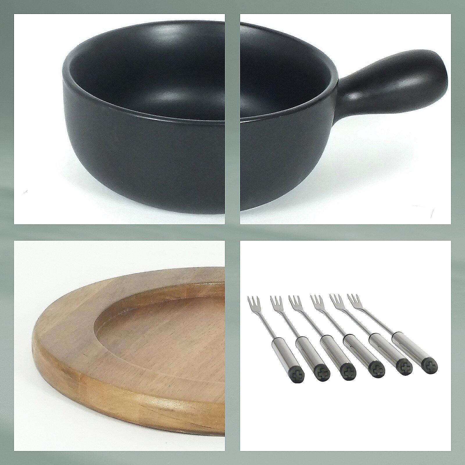 Käsefondue-Set Country: Keramikfondue-Schale mit Henkel, Holztablett und sechs Edelstahl-Käsehobel.