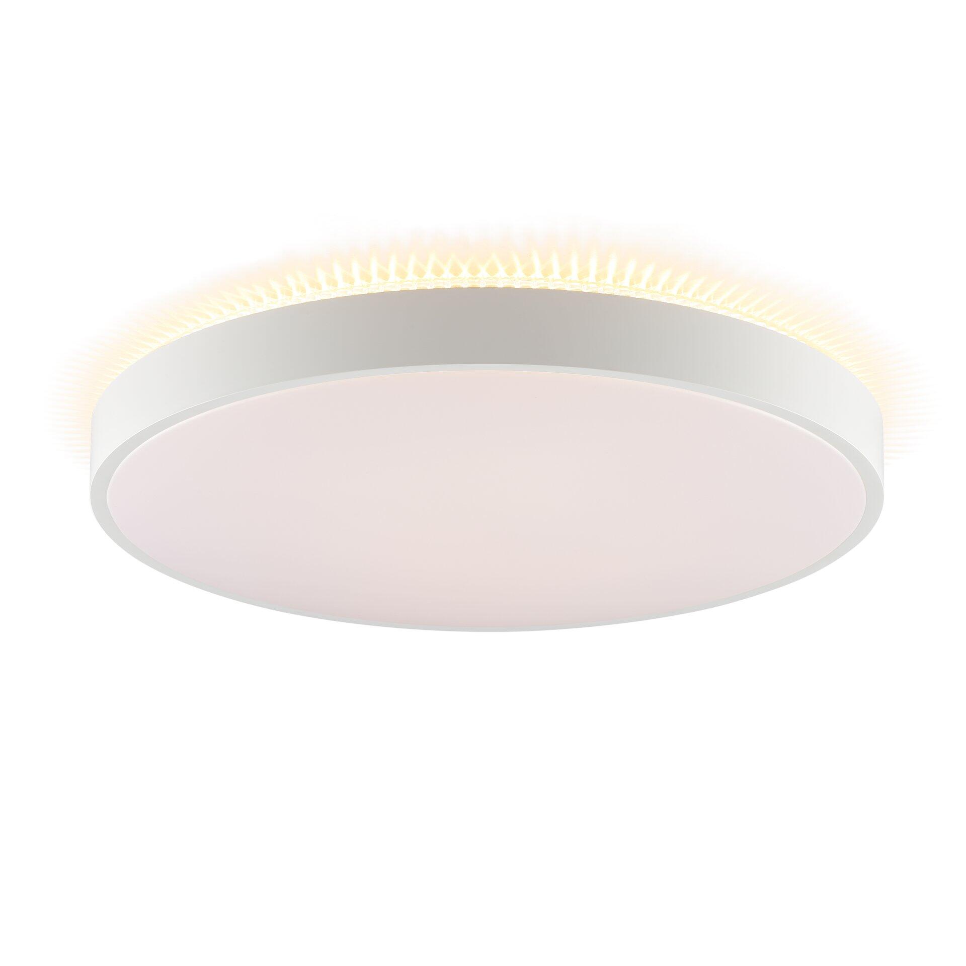 Deckenleuchte Solistra mit separierbarem Hintergrundlicht und warmer Beleuchtung, dargestellt im Gegenlicht, um die runde Form und den orangefarbenen Scheinrand hervorzuheben.