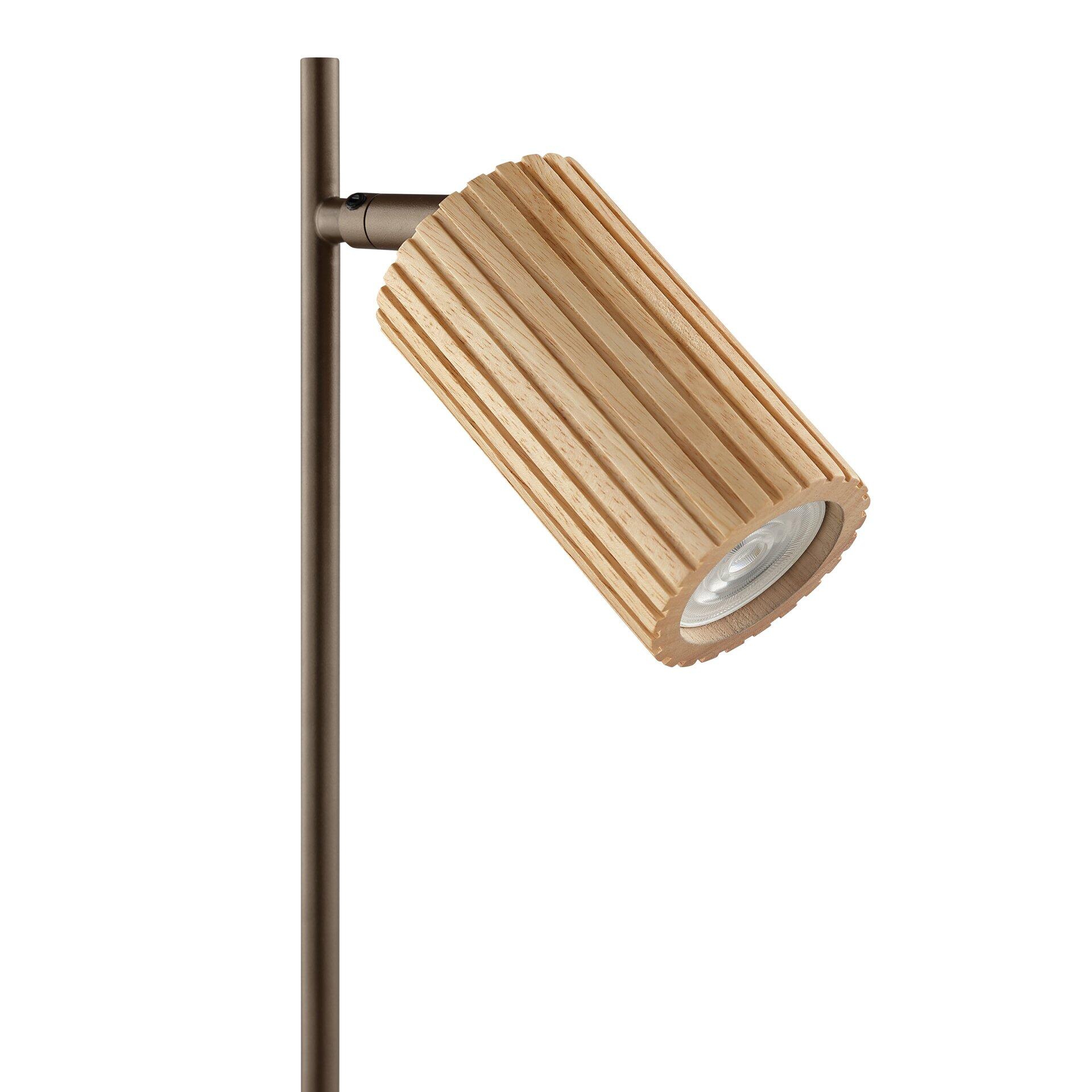 Tischleuchte Lakewood mit schwenkbarem, zylindrischem Lampenschirm aus Holzlamellen und anthrazitfarbenem Metallstiel.
