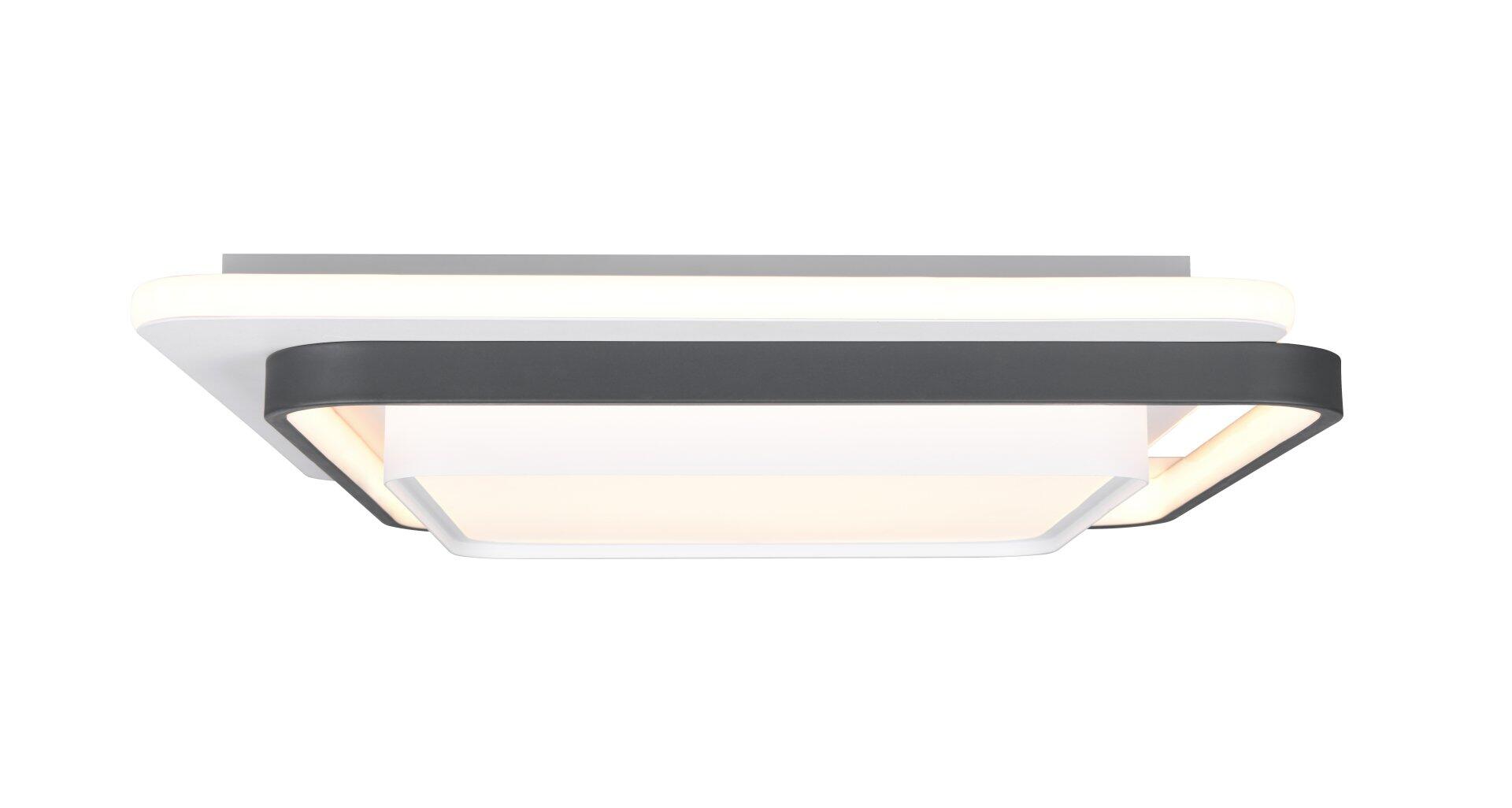 Deckenleuchte Ceru mit anthrazitfarbenem Außenrahmen und weißem Innenrahmen, zeigt in Schrägsicht das gleichmäßige, warmweiße Licht und das moderne, minimalistische Design.