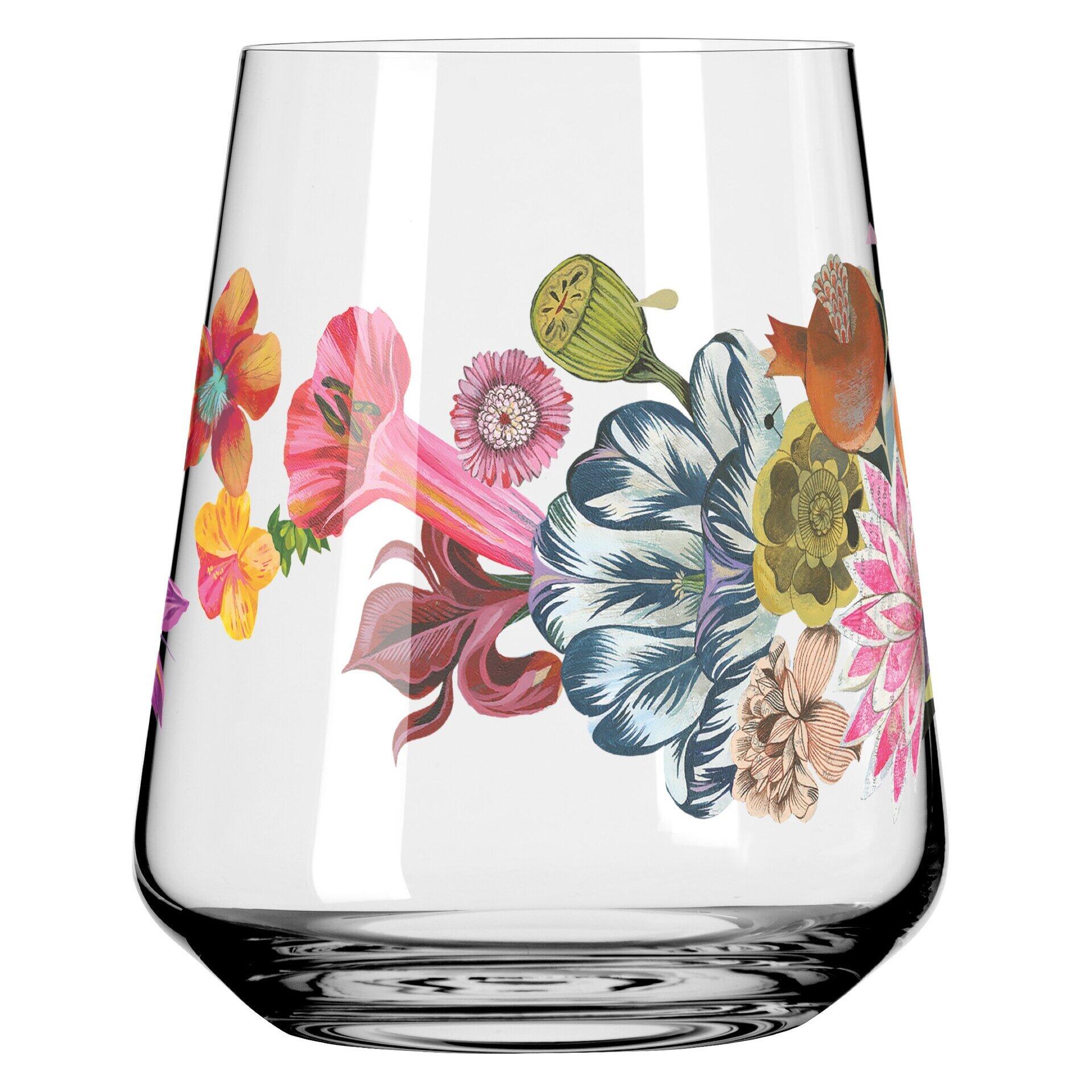 Transparente Universal-Glasvase mit aufwendigem Blumenmuster aus Hortensien, roten und gelben Blüten sowie grünen Blättern, in konischer Form auf dunkler Oberfläche.