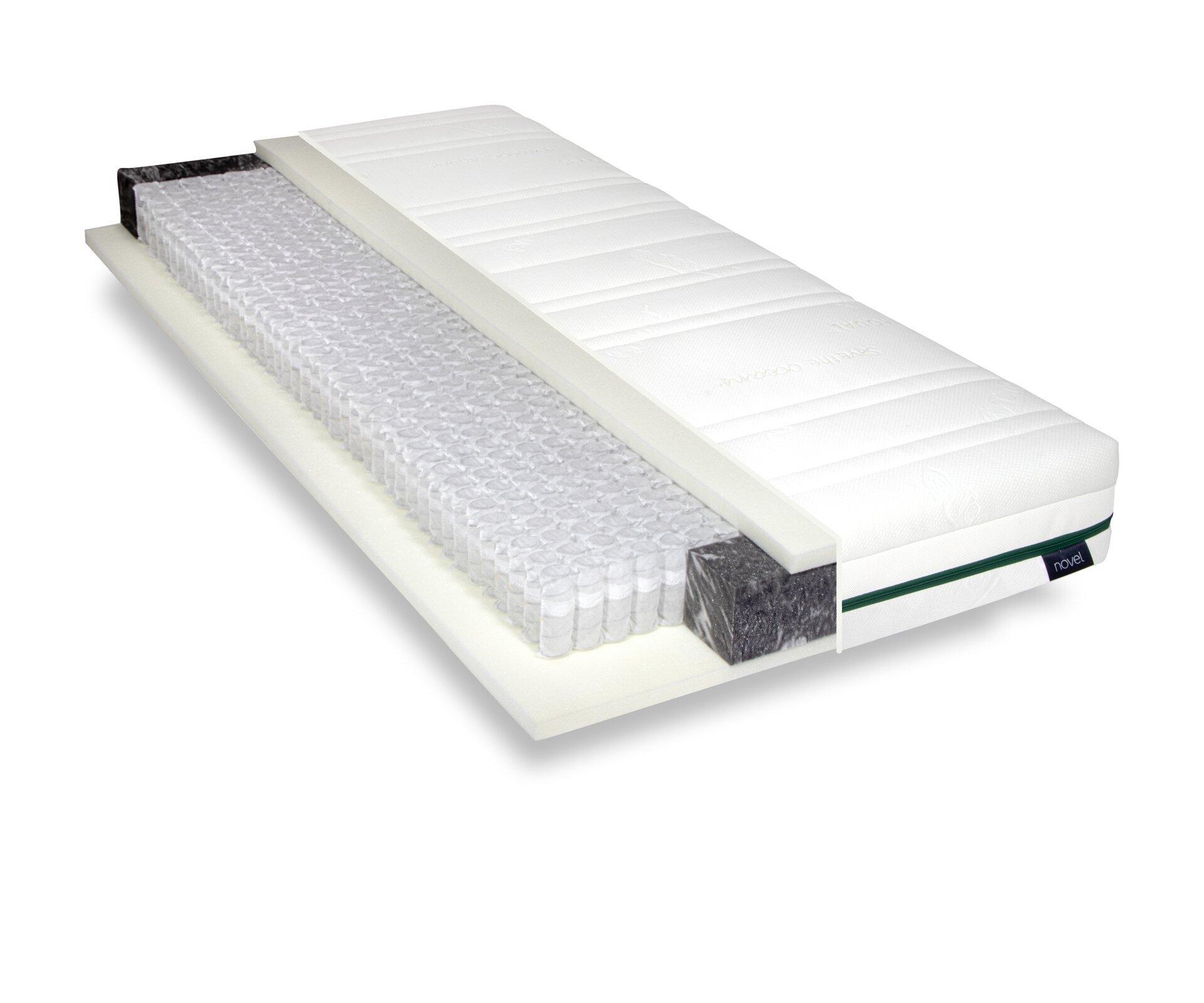 Matratze Emotion S 50 Hybrid mit angehobenem Oberteil, das die Schichten aus verstepptem Bezug, grauem Schaumstoff, Taschenfederkern und einer Schutzschicht aus luftblasenfolienähnlichem Material zeigt.