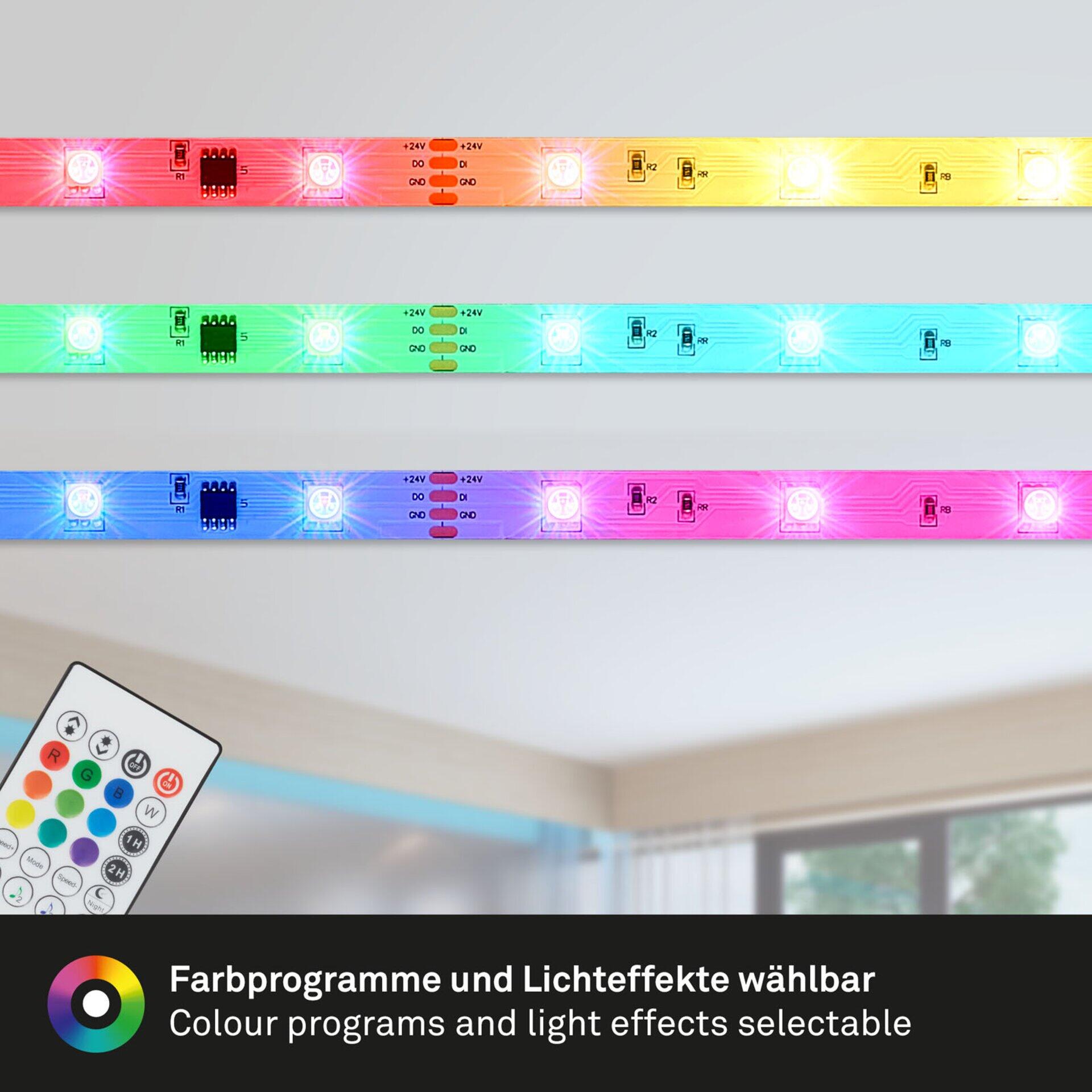 LED-Band Magic mit Farbverlauf von Rot bis Pink, steuerbar per Fernbedienung mit verschiedenen Farbprogrammen und Lichteffekten, angebracht an einer Wand vor einem dunklen Korpus.