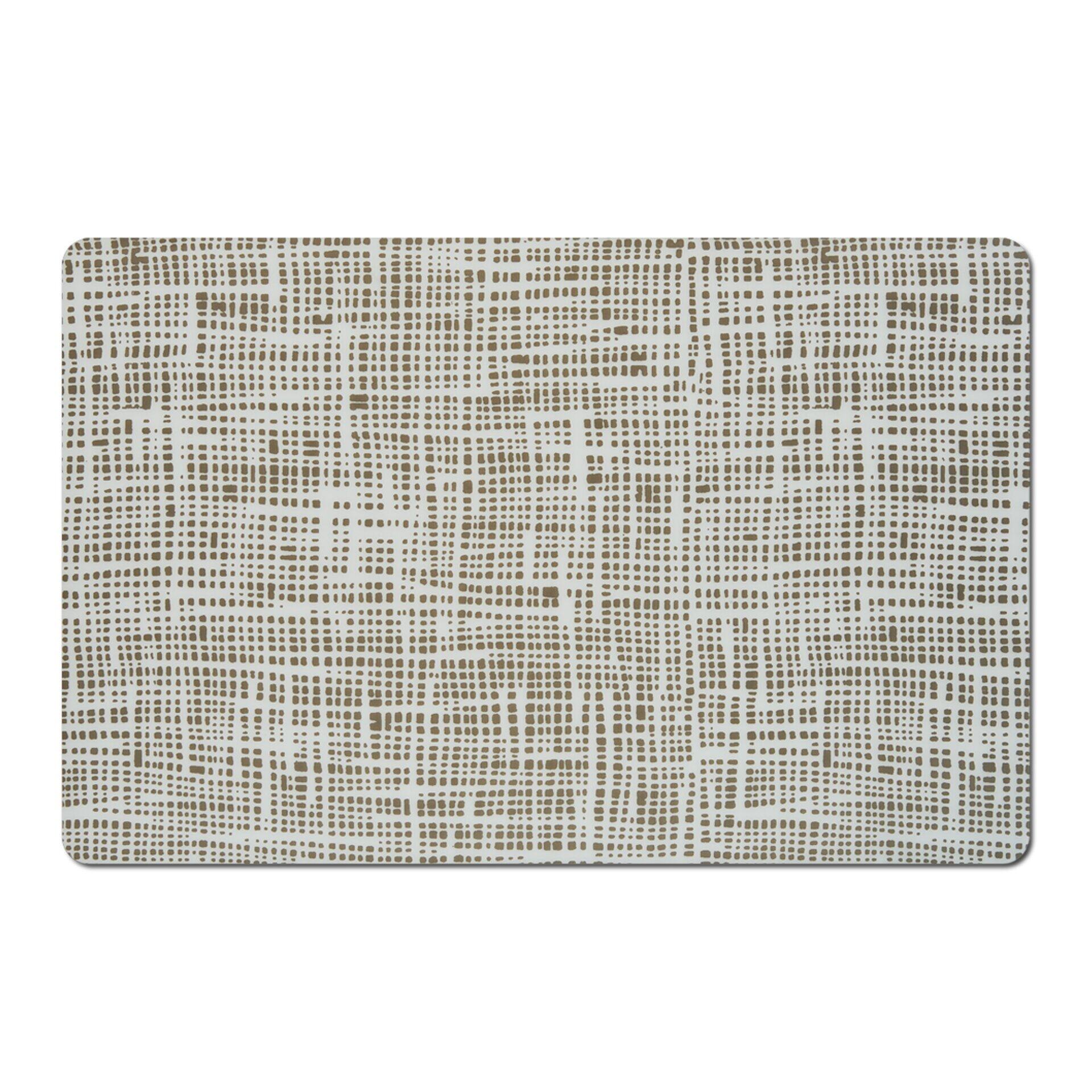 Platzset mit dezentem, geometrischem Muster aus hellgrauen Linien auf hellbeigem Hintergrund, aus der Vogelperspektive aufgenommen.