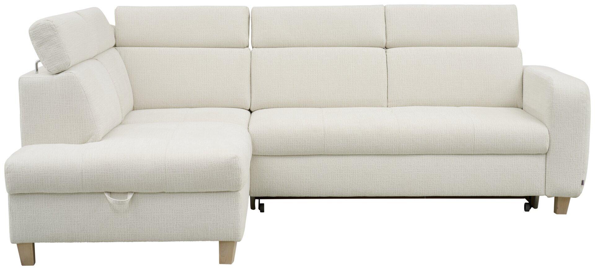 Ecksofa Saragossa mit integriertem Bettkasten, verstellbarer Kopfstütze und Holzfüßen in Eiche Natur, aus leicht erhöhter Perspektive.