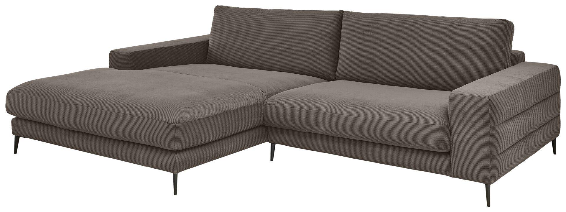 Ecksofa Badia Base 2.0 mit abgerundeten Formen und Metallfuß in Schwarzmatt, zeigt eine Eckauszieher-Konfiguration mit Longchair links und 1,5-Sitzer rechts in frontalem Blick.