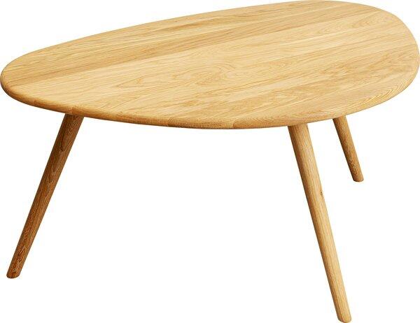Couchtisch Vigo mit ovaler Tischplatte aus hellem Holz und schrägen, sich verjüngenden Beinen im skandinavischen Stil.