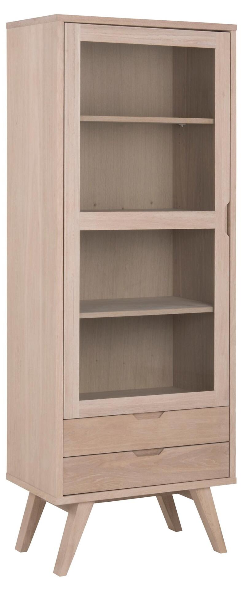 Vitrine A-Line mit Glastür und zwei Einlegeböden, die den Innenraum zeigen, sowie schrägen Füßen für ein modernes Design.