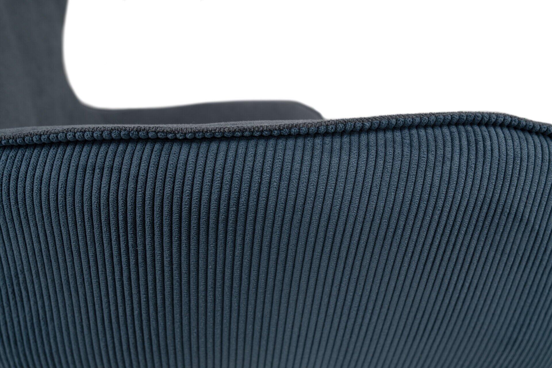 Esszimmerstuhl Blake 70A mit blaugrauem Cordbezug, Detailaufnahme der strukturierten Webung an Rückenlehne und Sitzfläche.