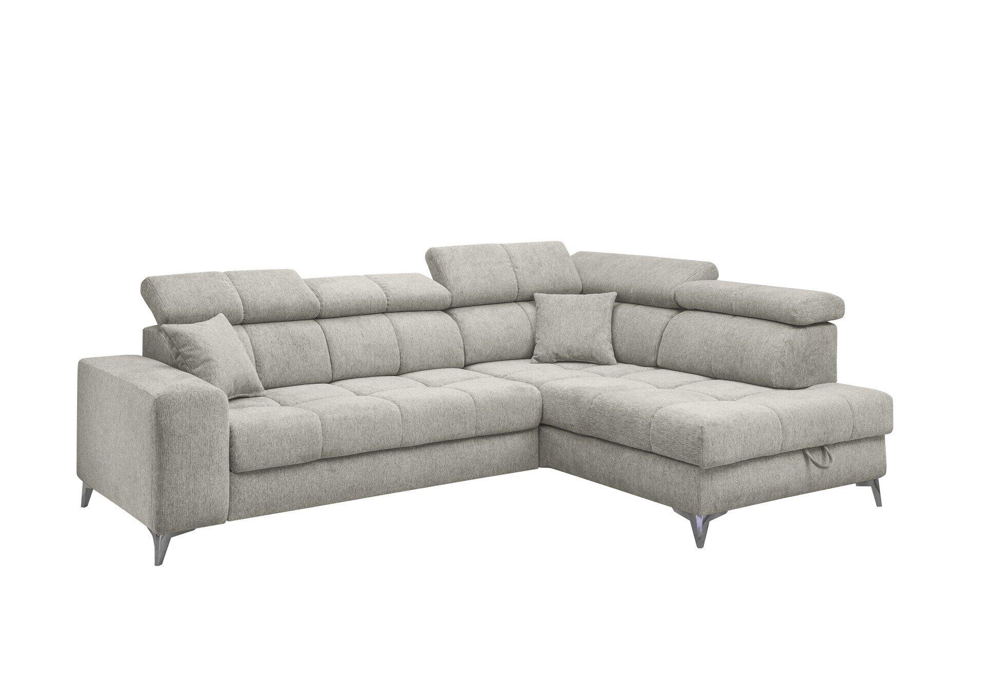 Ecksofa Sydney mit Bettkasten, Detailansicht des hell ausgekleideten Innenraums mit zwei Zierkissen und angedeuteter Aufklappvorrichtung aus der Vogelperspektive.