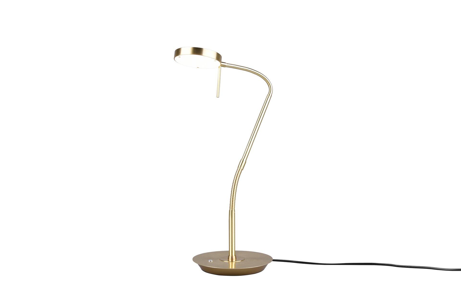 Goldfarbene Tischleuchte Monza mit flexiblem Arm und verstellbarem, rechteckigem Lampenkopf, die eine einstellbare Lichtfarbe ermöglicht.