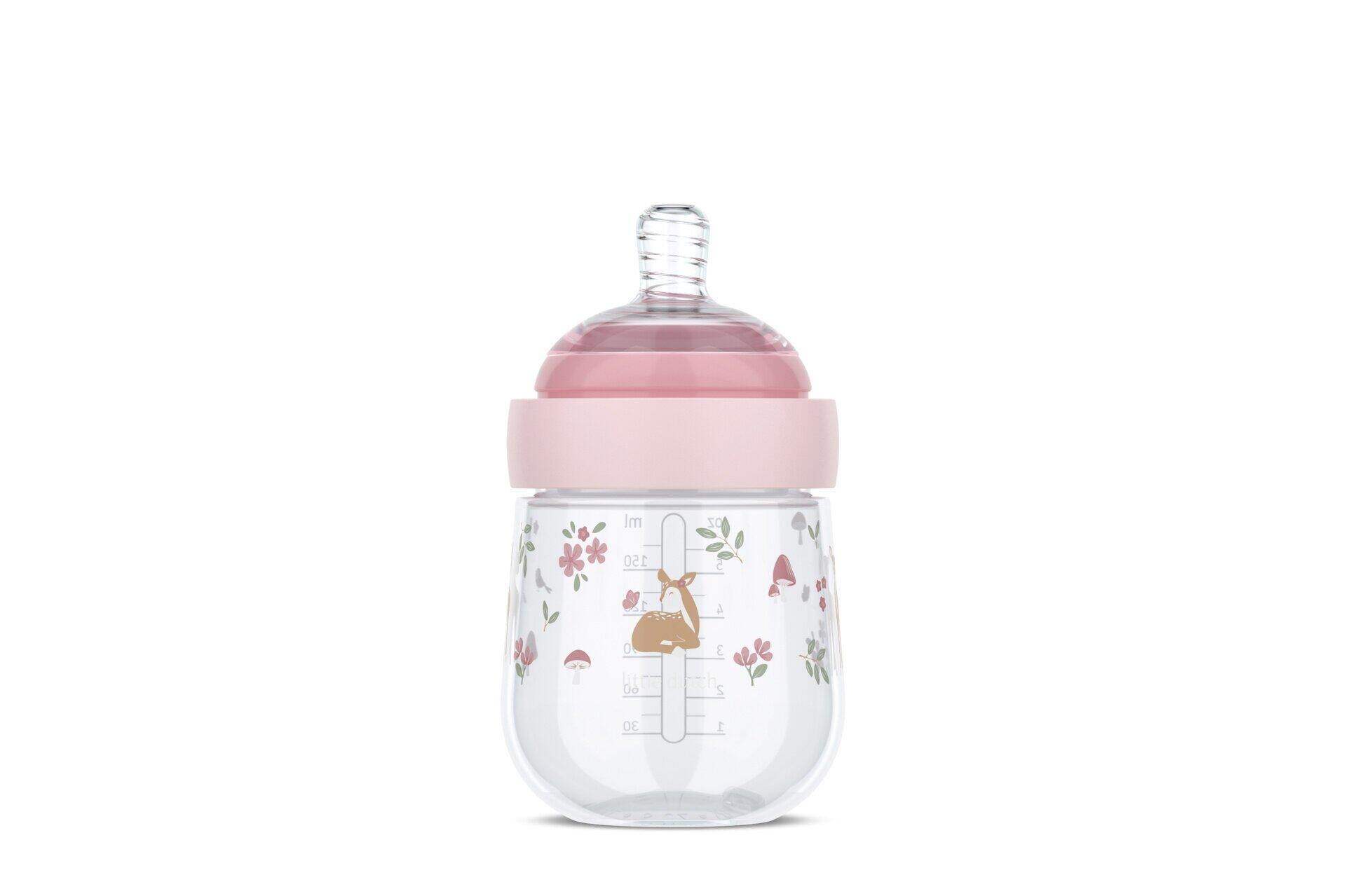 Babyflasche Mio Baby, Mio mit rosa Deckel, eingeprägten Skalen und einem grafischen Motiv aus Pilzen, Blättern und Blumen.