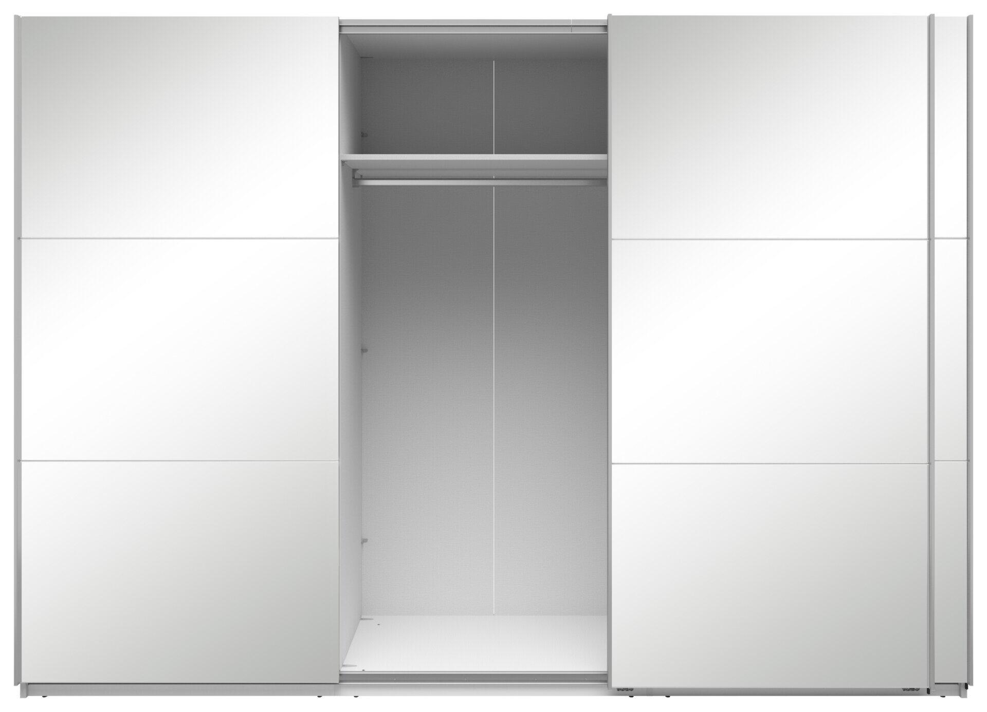 Öffener Schwebetürenschrank Neo mit weißen Türen, die bündig abschließen, inklusive Kleiderstange und Regalboden im Inneren.