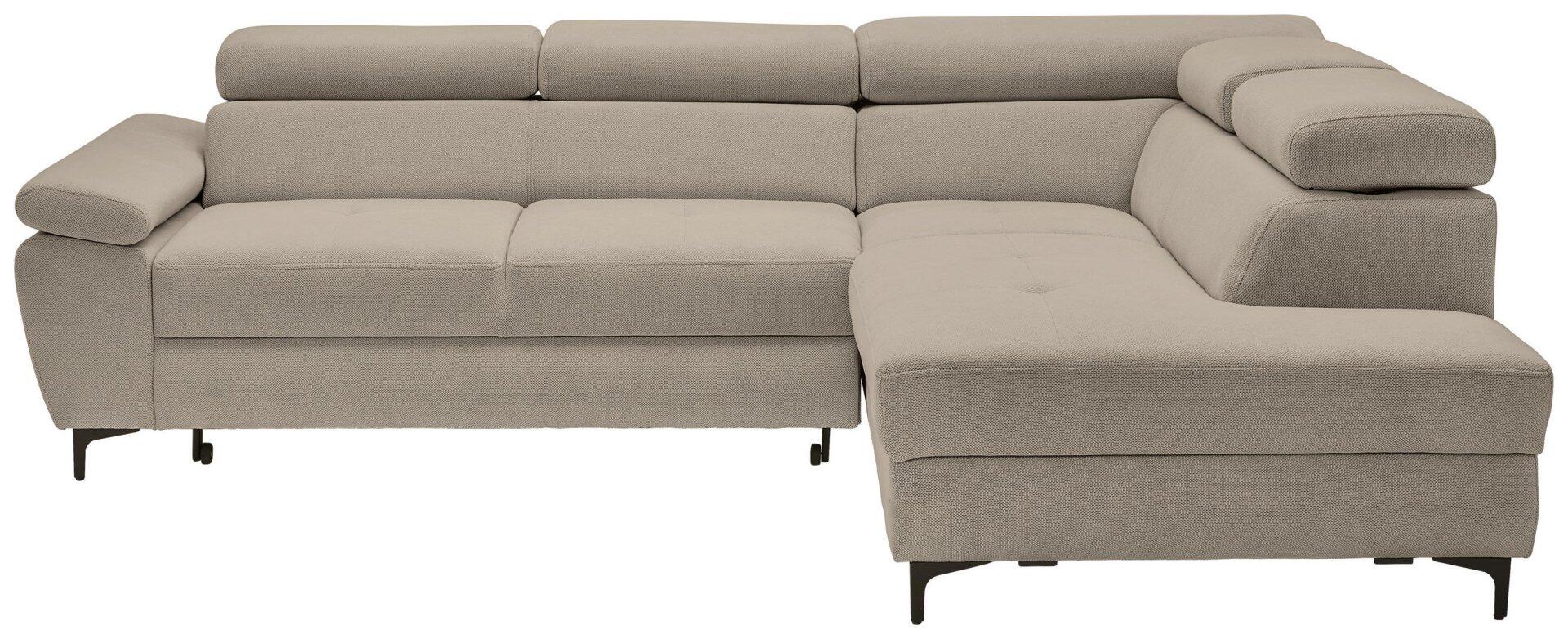 Ecksofa Combo in graubeige mit abklappbarer Kopfstütze, verstellbarem Arm- und Kopfteil sowie Winkelfüßen aus Metall, gezeigt in perspektivischer Ansicht mit aufgeklappter Schlaffunktion.