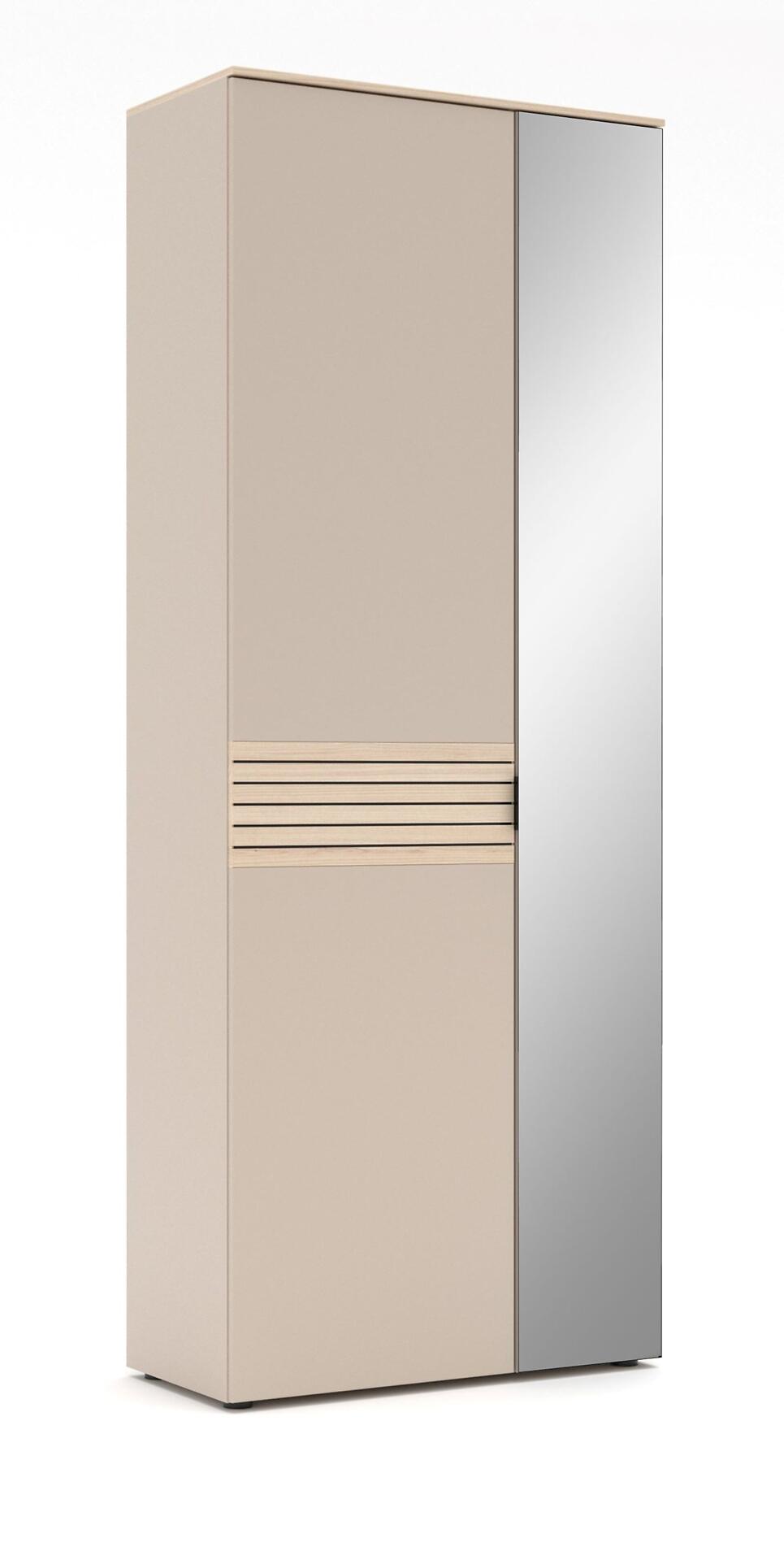 Garderobenschrank Ina mit einer Holztür links und Spiegeltür rechts, die eine Kombination aus Riva Eiche und Kaschmir MDF mit dekorativer Leistenoptik zeigt.