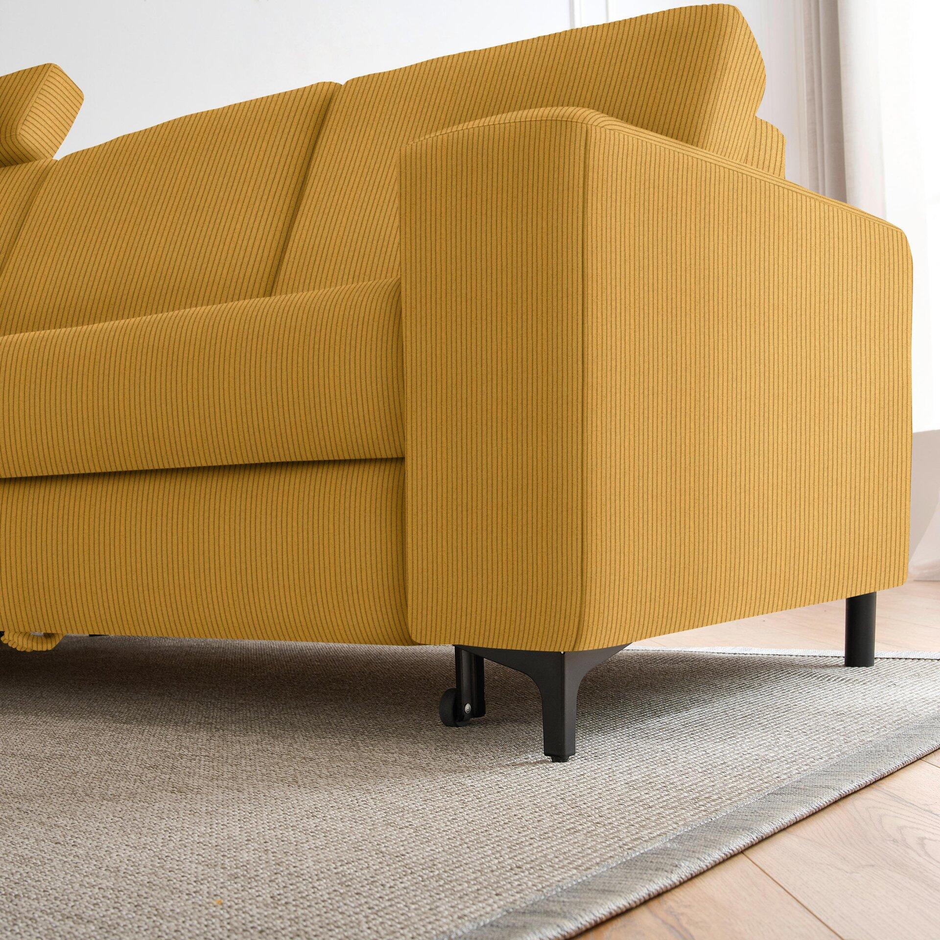 Balina Ecksofa mit schwarzem Metallfuß und strukturierter Stoffbezug, Detailaufnahme der Seitenperspektive mit angedeuteter Relax-Funktion.