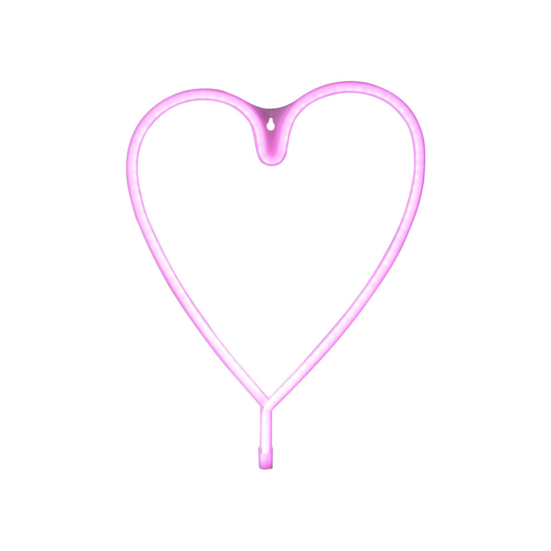 Pinkes Neon-Herz-Bild mit Aufhängeelement und Halterung, das schräg gegen einen weißen Hintergrund leuchtet.