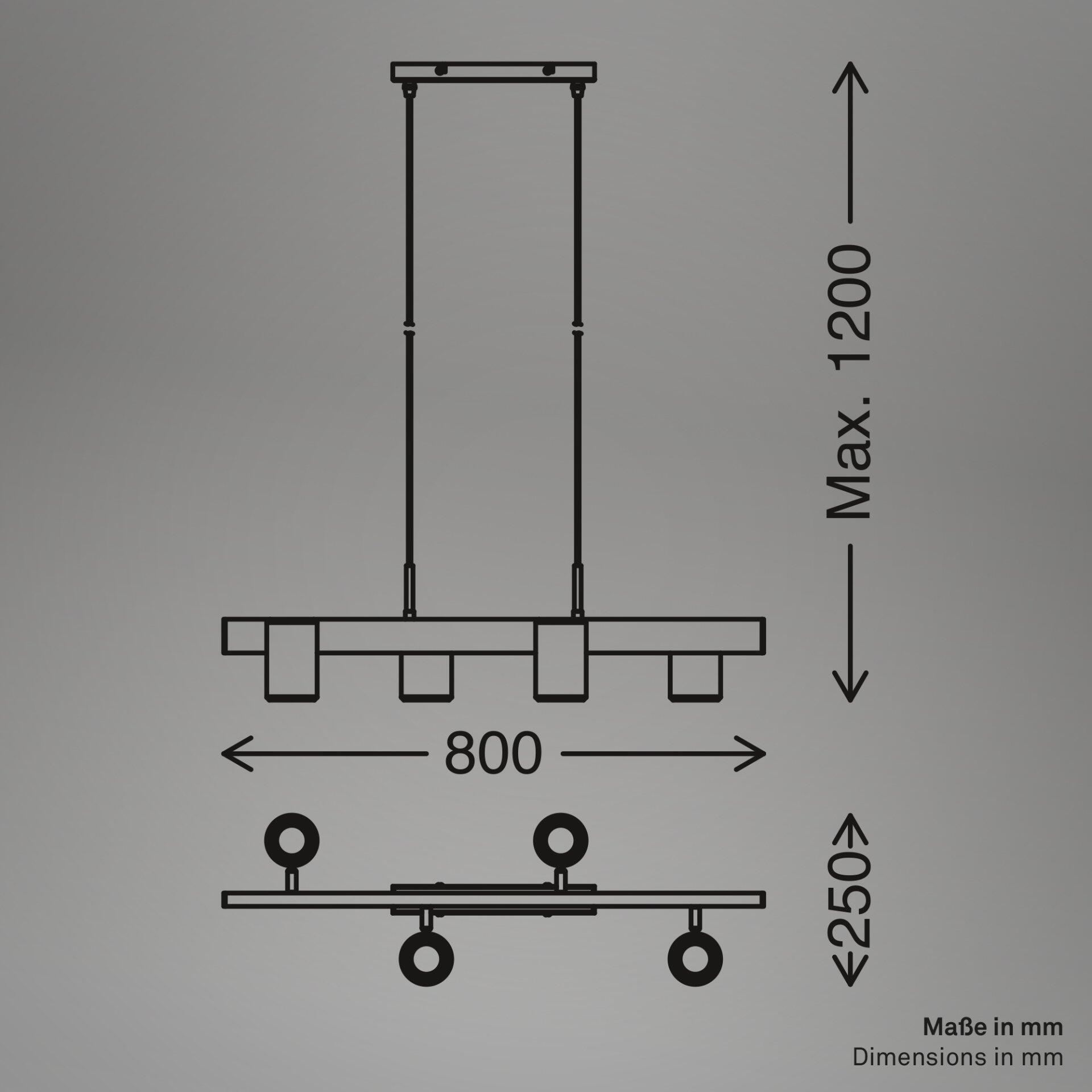 Technische Zeichnung des verstellbaren Hängersystems der Pendelleuchte Era mit silberfarbenen Streben, Verbindungsschiene und Halterungen für Regalböden, Darstellung der maximalen Höhe von 1200 mm und Breite von 800 mm.
