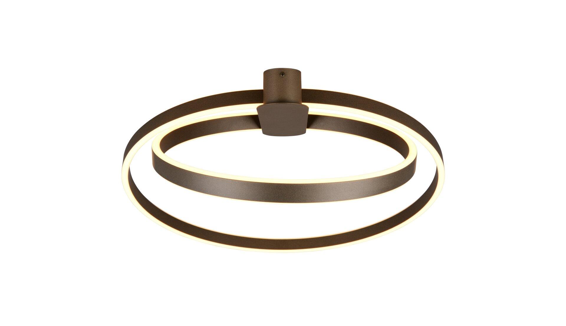 Deckenleuchte Isander mit drei konzentrischen, dunkelbraunen LED-Lichtringen, die in Frontalperspektive die stufenlos einstellbare Lichtfarbe und das moderne Design zeigen.