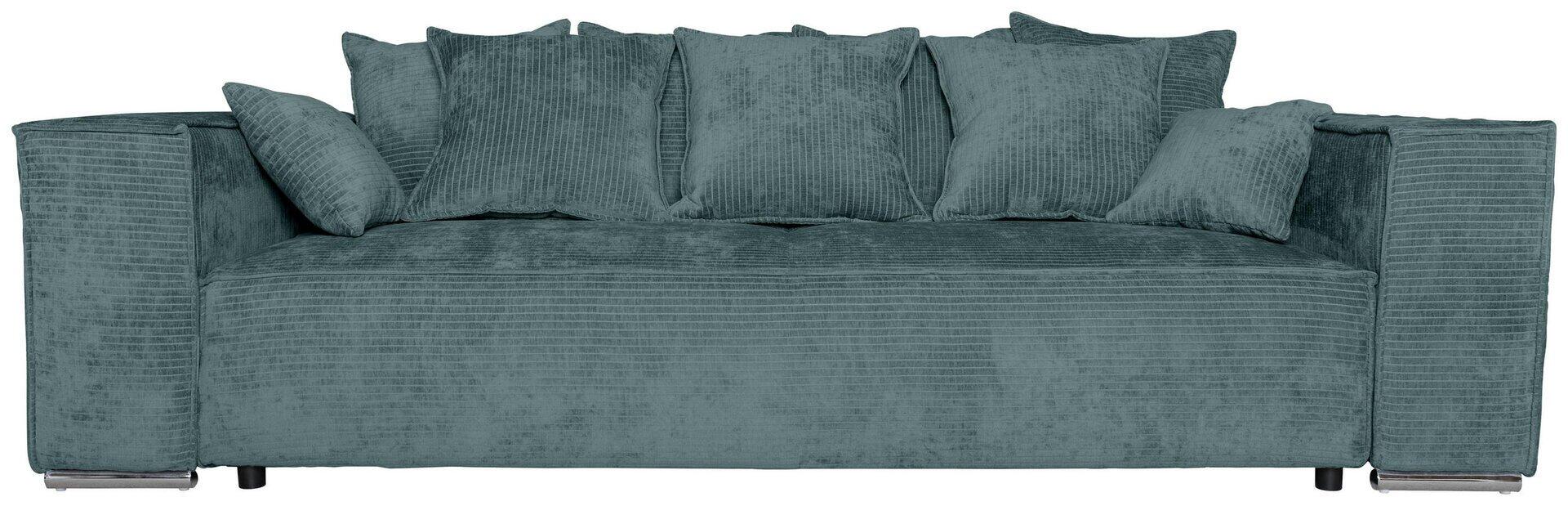 Bigsofa Sky: Dreisitzige Cord-Couch in Blauton mit chromfarbenen Metallfüßen und fünf passenden Kissen.