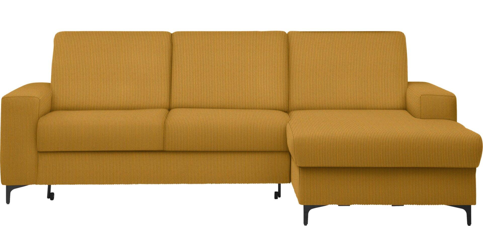 Ecksofa Balina in L-Form mit Bettkasten, Schlaffunktion und Winkelfüßen, dargestellt in einer Frontalansicht mit flach liegender Rückenlehne als zusätzlichen Sitzbereich.