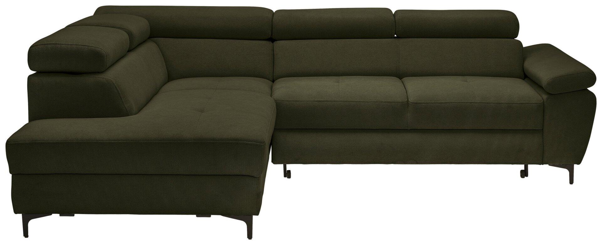 Ecksofa Combo in dunkelgrün mit hochgestellter Rückenlehne, segmentierter Kopfstütze und herausziehbarer, leicht geneigter Liegefläche.