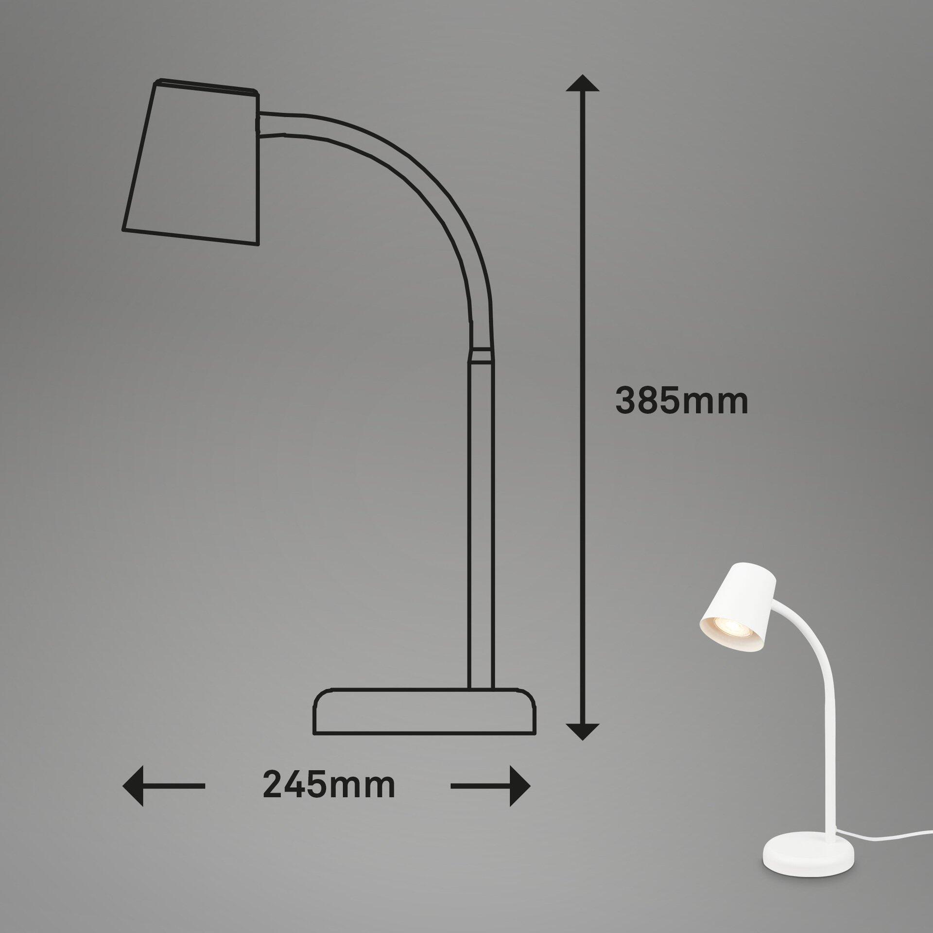 Tischleuchte Skriva mit flexibel einstellbarem, gebogenem Arm und quadratischem Lampenkopf in weiß.
