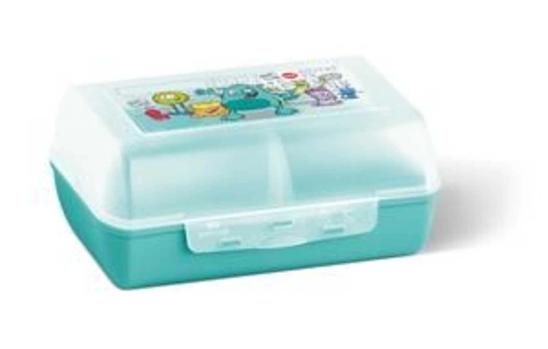 Türkisgrüne Snackbox Variabolo mit zwei Fächern und durchsichtigem Deckel mit kindgerechten Tiermotiven, aus der Frontperspektive leicht erhöht aufgenommen.